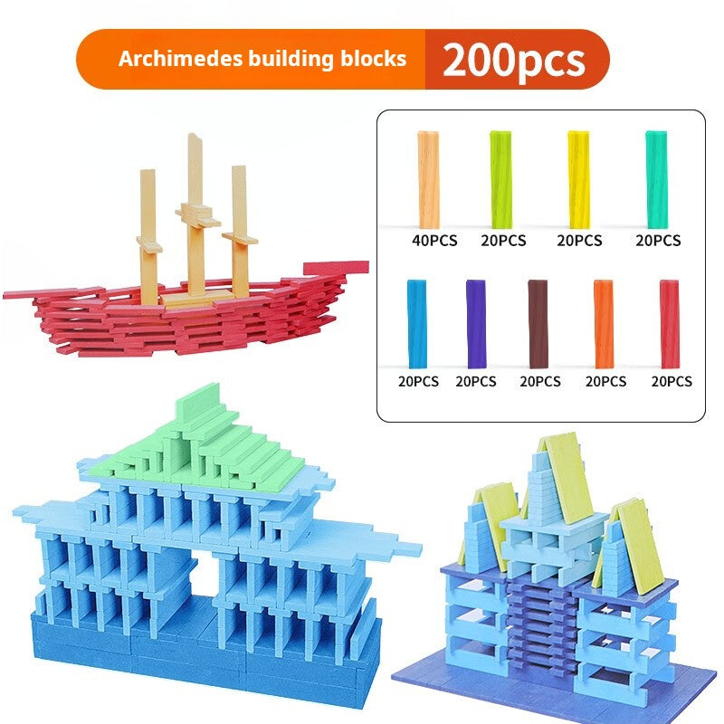 Islyne T00 Archimedes Building Blocks Children's Dominoes Large Particles DIY Building Block Strips Assembled Boys and Girls Gift Toys 200 Pieces [40 Log Colors + 160 Colors]