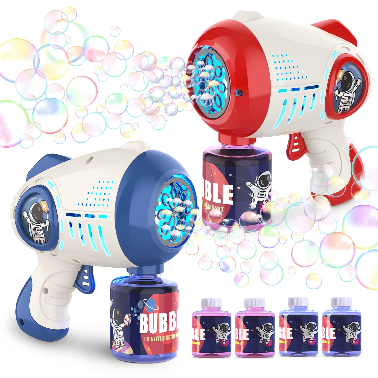 EagleStone 2 Pack Bubble Gun Machine for Kids, Automatic 8 Hole Light Up Bubble Blower with 4 Refill Solution, Bubble Guns Blaster for Toddlers, Outdoor Toys Gifts, Wedding, Christmas Party Favor