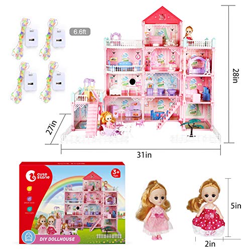 CUTE STONE 11 Rooms Huge Dollhouse with 2 Dolls and Colorful Light, 31" x 28" x 27" Doll House Gift for Girls