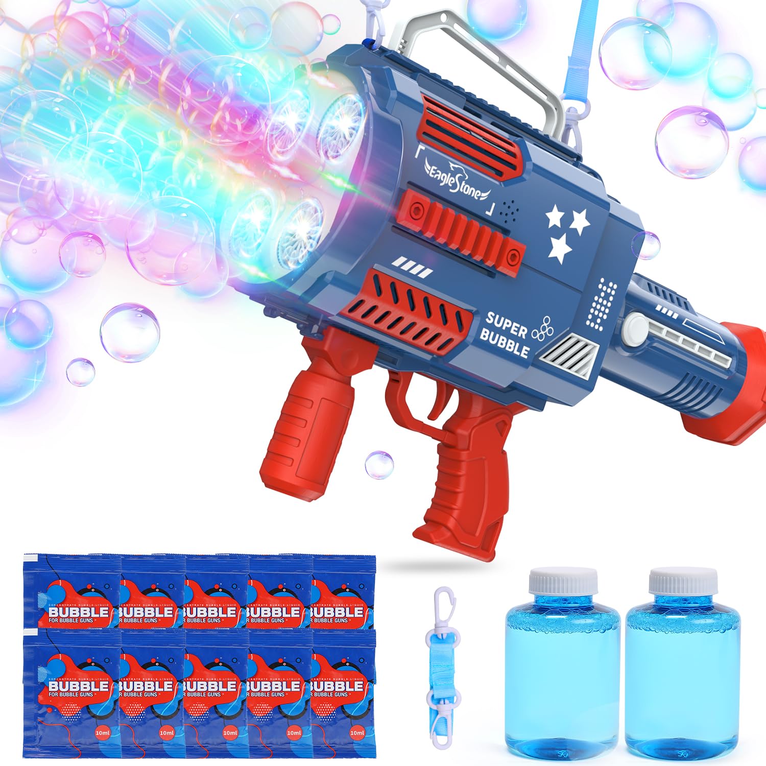 EagleStone 2 Pack Bubble Gun Machine for Kids, Automatic 8 Hole Light Up Bubble Blower with 4 Refill Solution, Bubble Guns Blaster for Toddlers, Outdoor Toys Gifts, Wedding, Christmas Party Favor