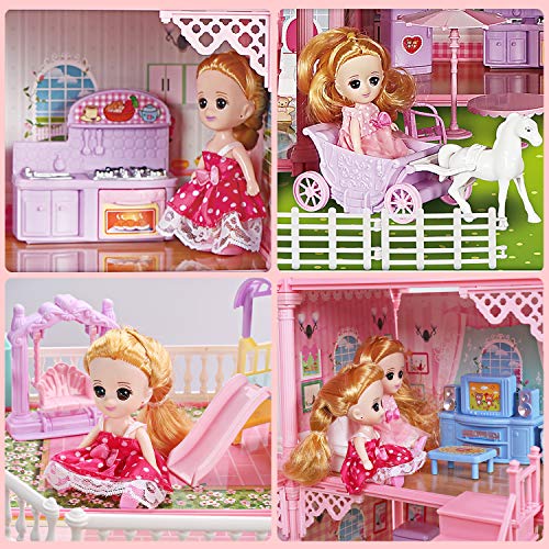 CUTE STONE 11 Rooms Huge Dollhouse with 2 Dolls and Colorful Light, 31" x 28" x 27" Doll House Gift for Girls