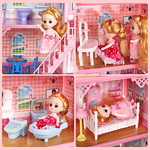 CUTE STONE 11 Rooms Huge Dollhouse with 2 Dolls and Colorful Light, 31" x 28" x 27" Doll House Gift for Girls