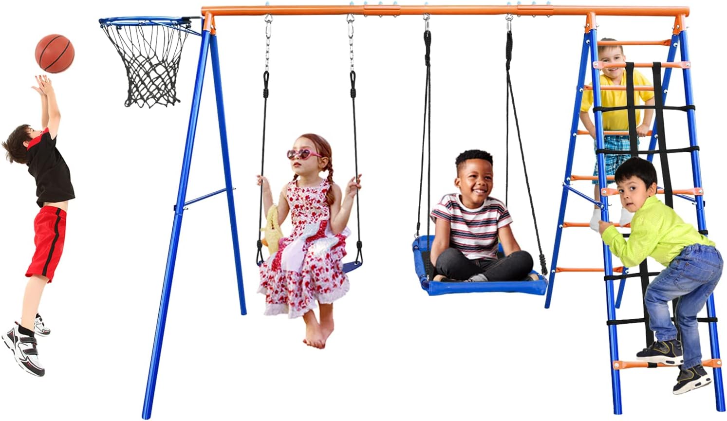 Islyne T337 Swing Set for Backyard, 500LBS 5-in-1 Outdoor Metal Swing Playset A Frame Stand with Climbing Rope, Basketball Hoop, Climbing Ladder, Platform Swing and Belt Swing for Kids from 3-8 Years Old