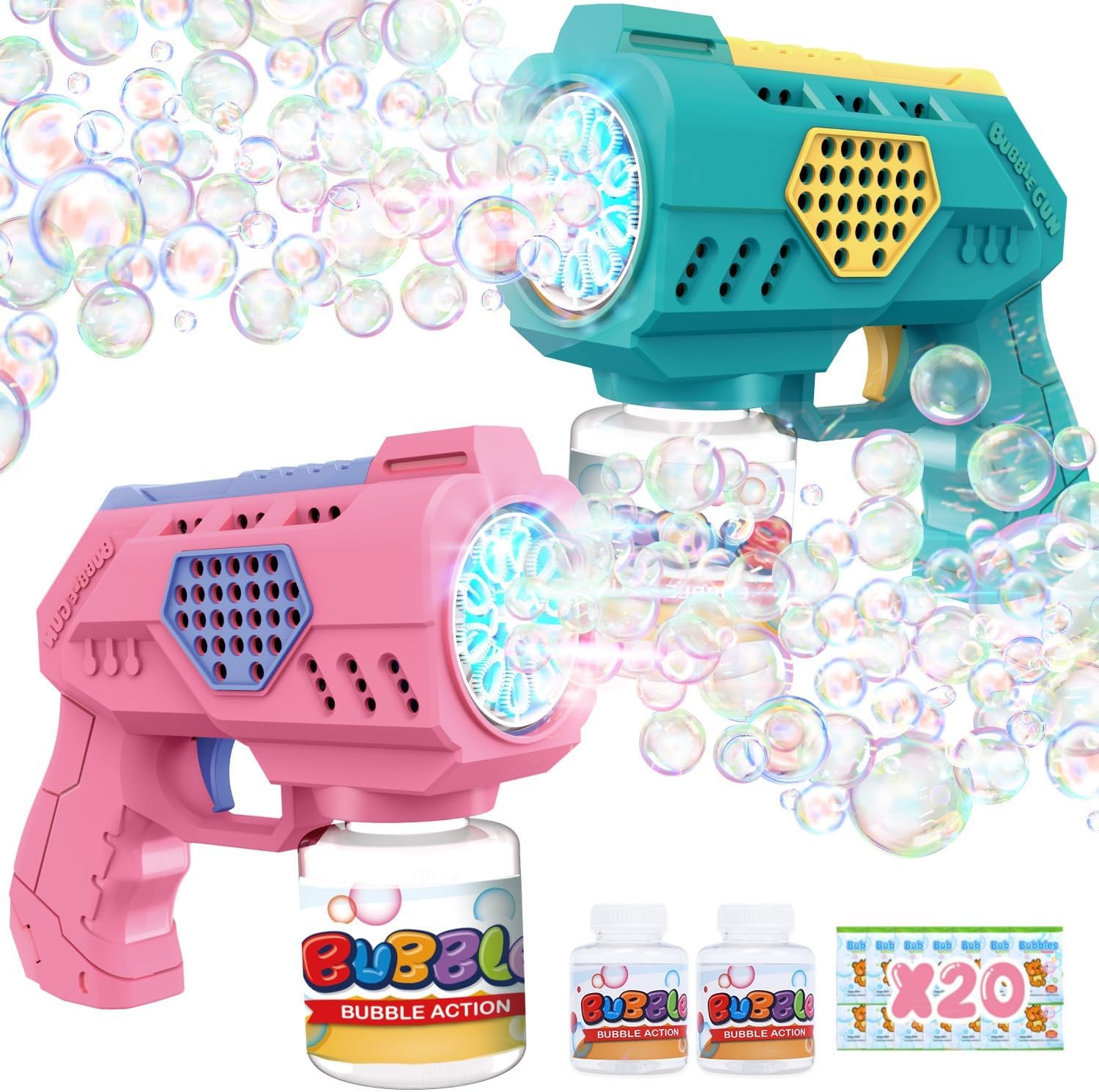 Eaglestone Bubble Gun for Kids 2 Packs, Automatic Bubble Machine, 10-Hole Bubbles Wands Blaster for Toddlers with LED Lights & Solution,Bubble Party Favor, Outdoor Game Toys for Boys & Girls Ages 3+