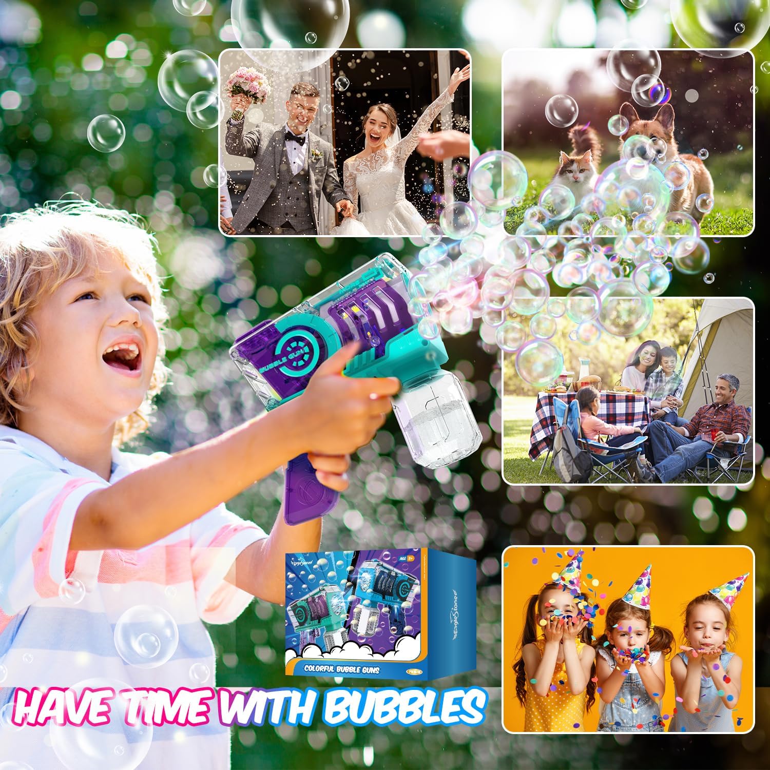 Eaglestone Bubble Gun for Kids 2 Packs, Automatic Bubble Machine, 10-Hole Bubbles Wands Blaster for Toddlers with LED Lights & Solution,Bubble Party Favor, Outdoor Game Toys for Boys & Girls Ages 3+