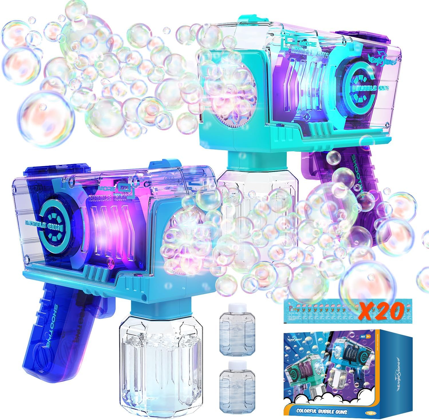 Eaglestone Bubble Gun for Kids 2 Packs, Automatic Bubble Machine, 10-Hole Bubbles Wands Blaster for Toddlers with LED Lights & Solution,Bubble Party Favor, Outdoor Game Toys for Boys & Girls Ages 3+