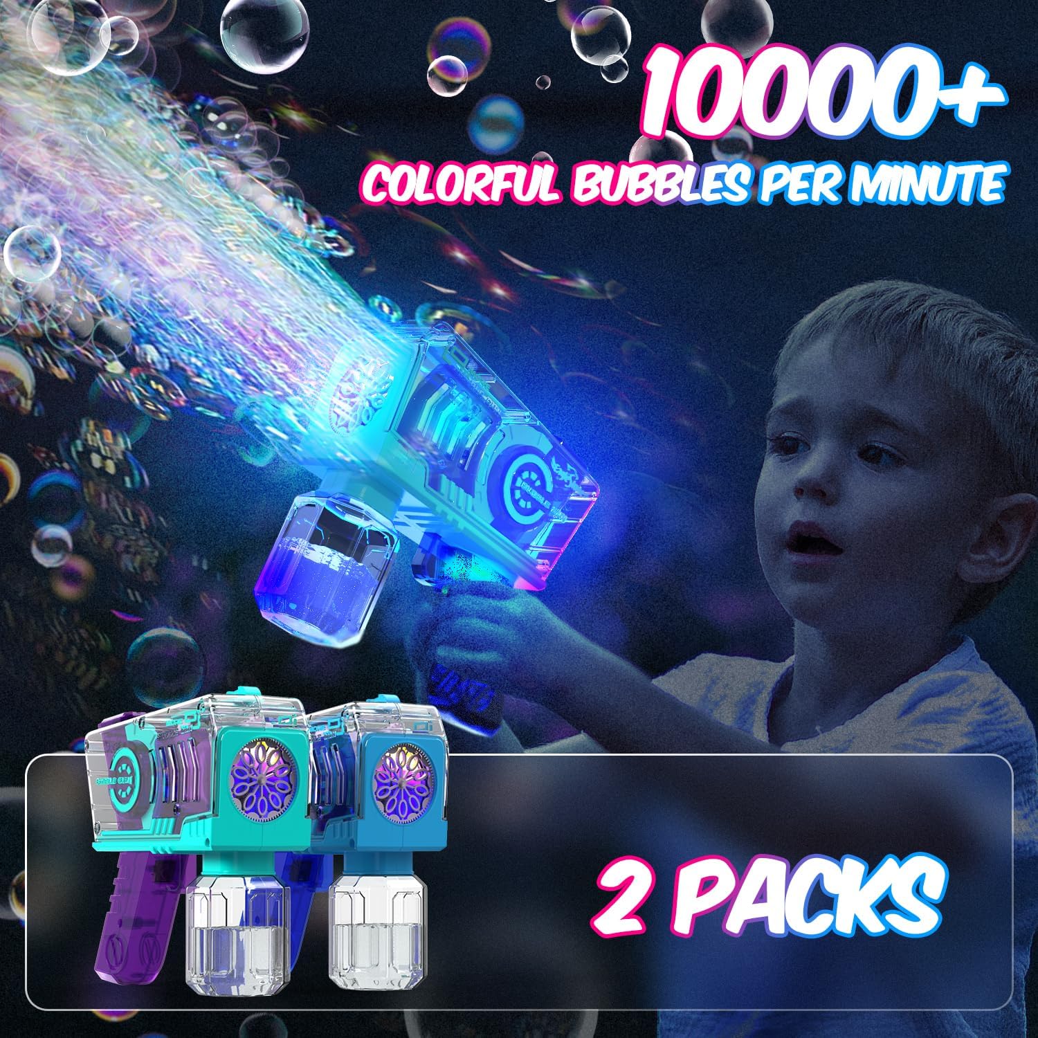 Eaglestone Bubble Gun for Kids 2 Packs, Automatic Bubble Machine, 10-Hole Bubbles Wands Blaster for Toddlers with LED Lights & Solution,Bubble Party Favor, Outdoor Game Toys for Boys & Girls Ages 3+