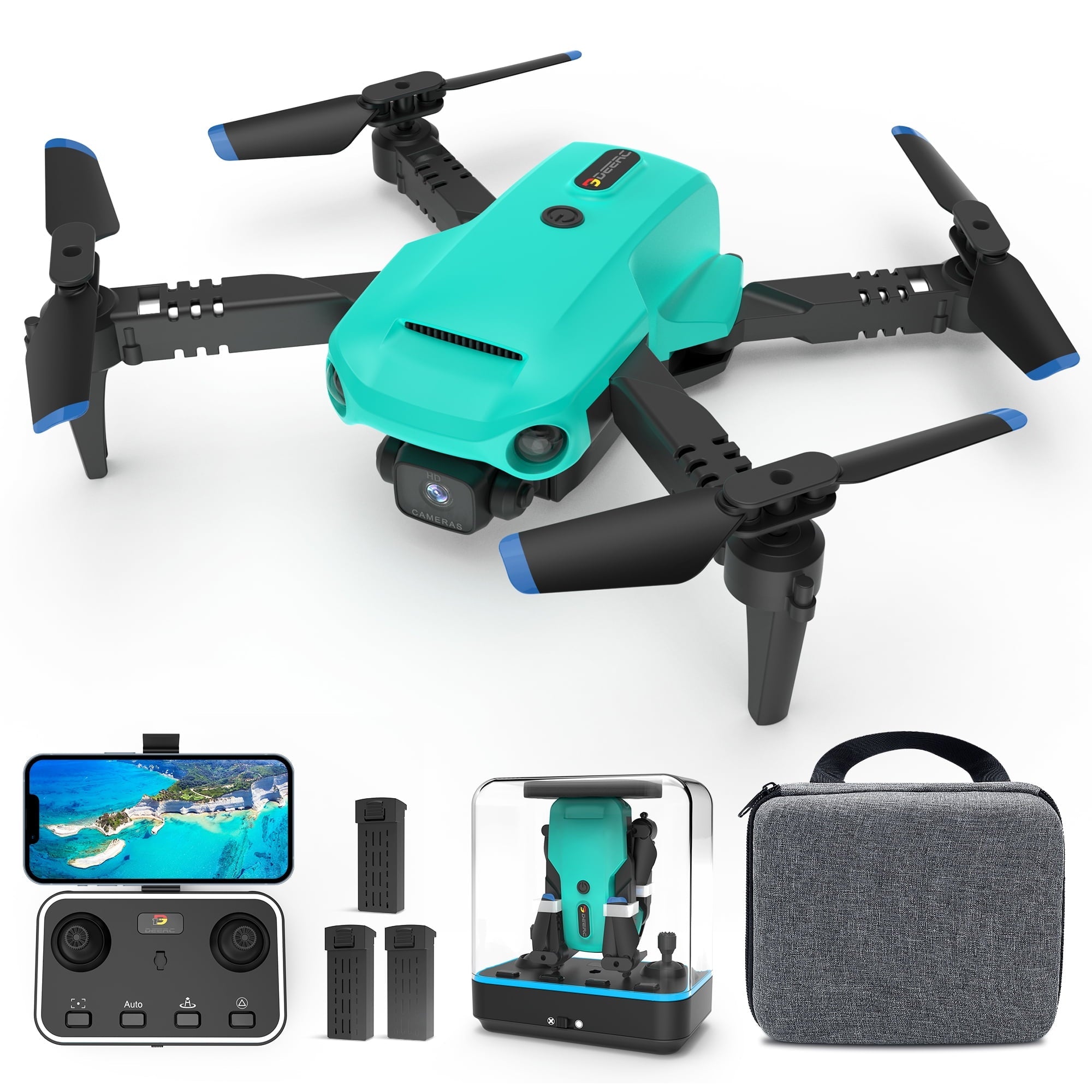 Islyne DC10 Drone with Camera for Adults and Kids, FPV RC Drone with Real-Time Transmission, Optical Flow Sensor and 3 Batteries - Greenish-Blue