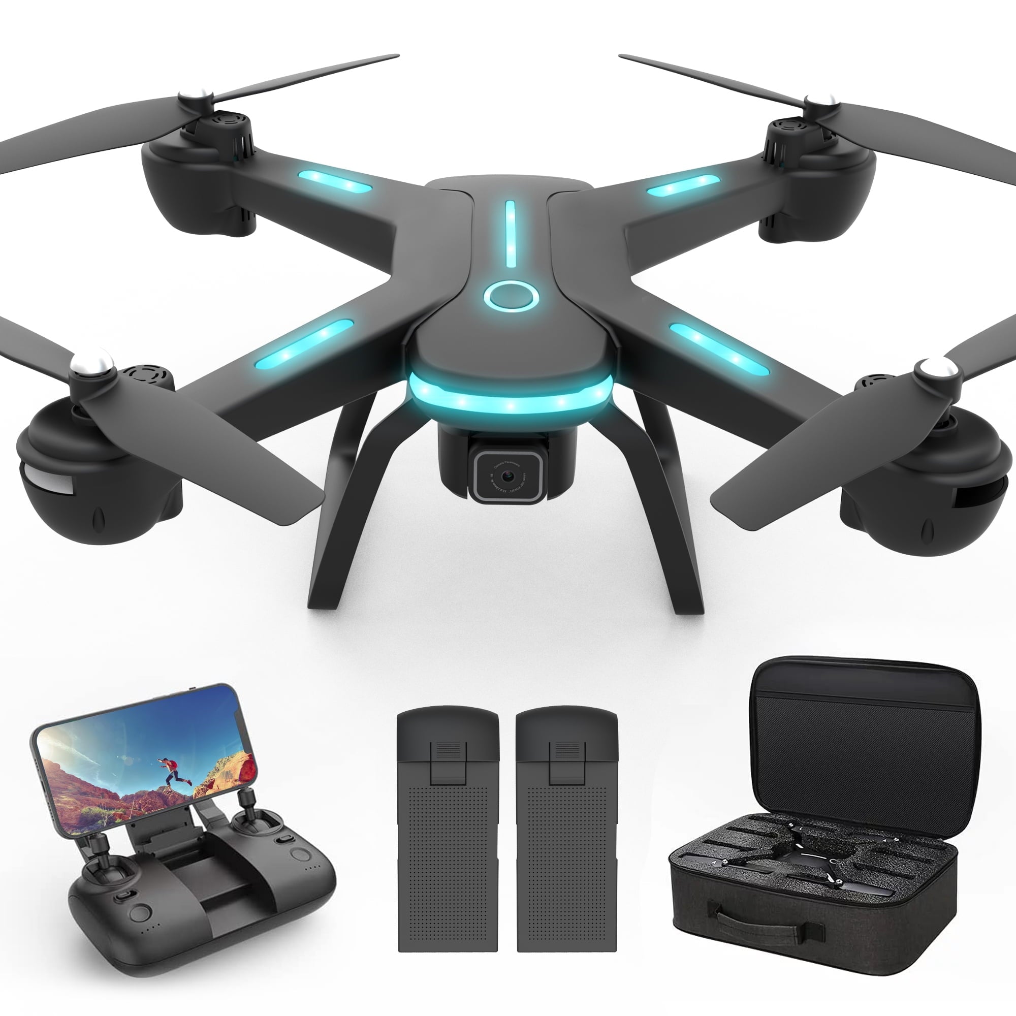 Islyne JY03 Drone with 1080P HD Camera for Adults and Kids, FPV RC Quadcopter with LED Lights and Optical flow Sensor, 2 Batteries, Black