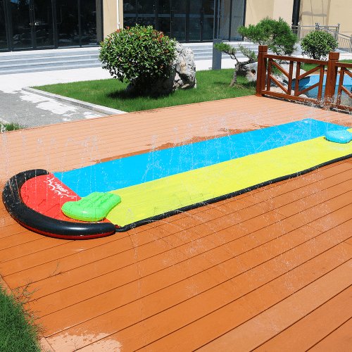 Sloosh 20ft Double Water Slides with 2 Body Boards Backyard Outdoor Slip Lawn Waterslide 2 Sliding Racing Lanes with Sprinklers Summer Water Toy