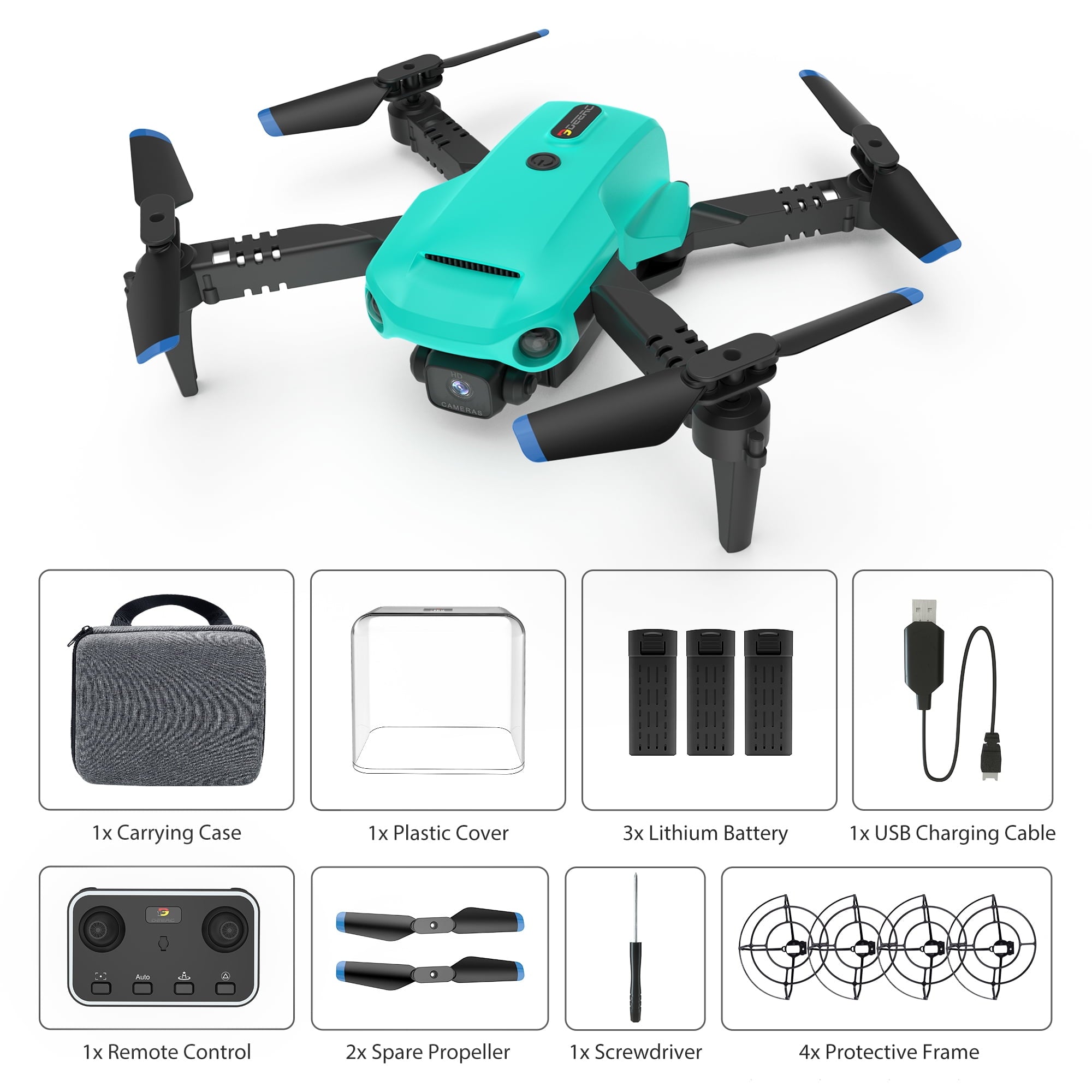 Islyne DC10 Drone with Camera for Adults and Kids, FPV RC Drone with Real-Time Transmission, Optical Flow Sensor and 3 Batteries - Greenish-Blue