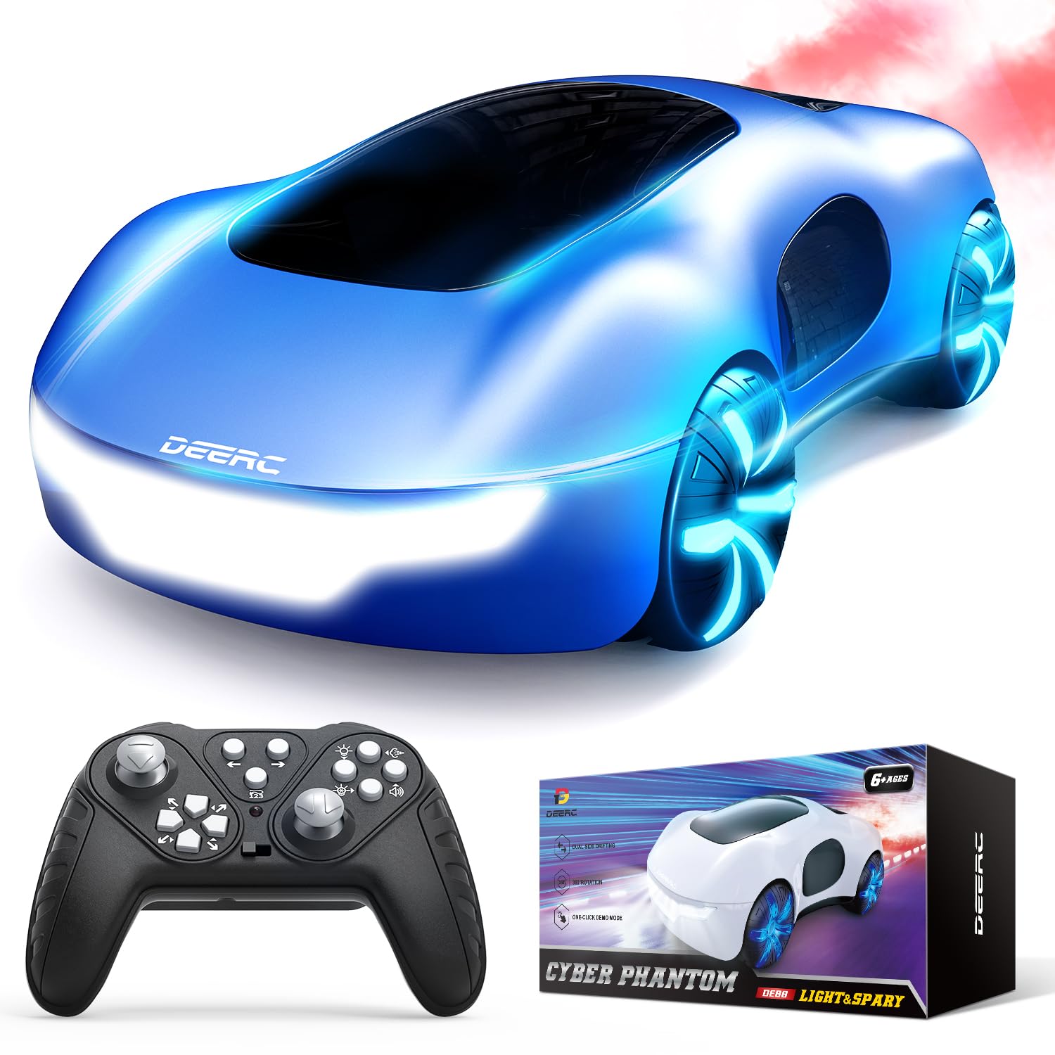 DEERC DE88 Sci-fi Remote Control Car, Toy RC Car W/Dual Fog Streams LED Lights Sound, 360° Spin 4WD 2.4GHz 2 Batteries for 40 Min Play Gift for Kids Boys