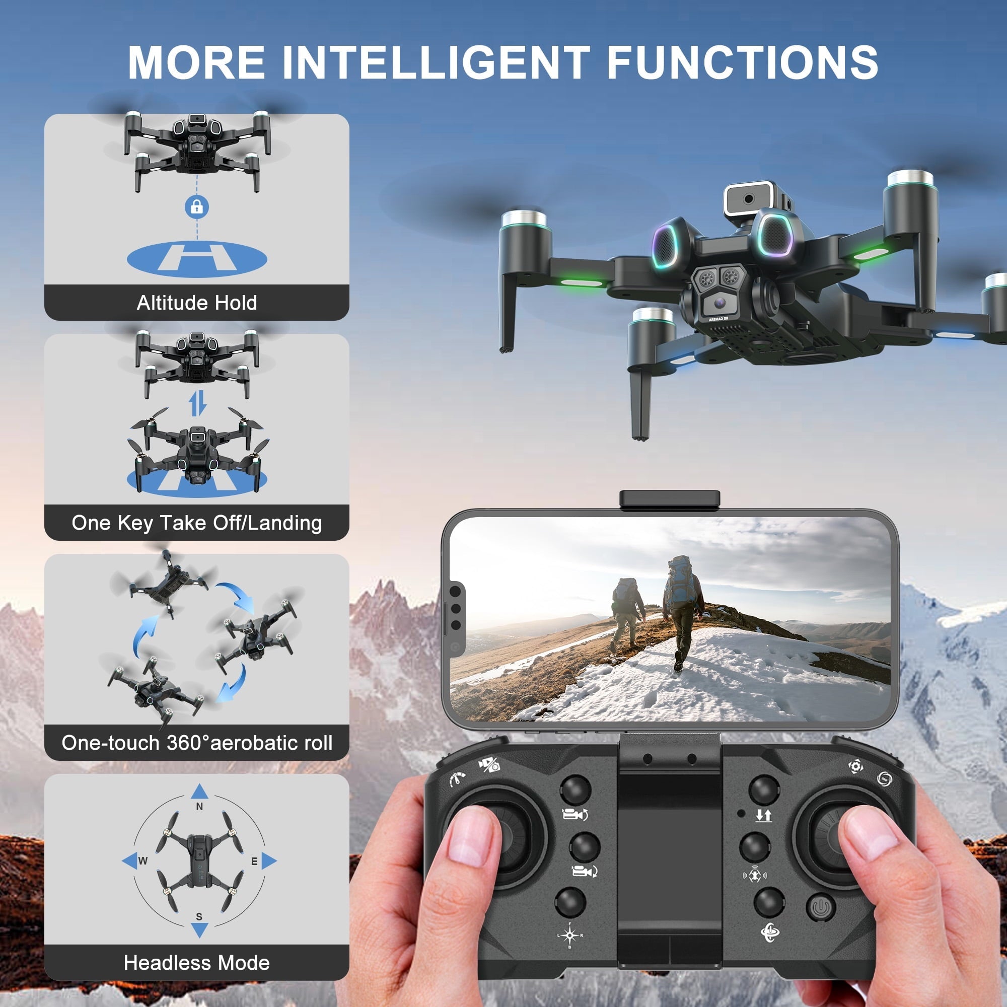 Islyne CS15 Drone with Camera for Adults 4K, FPV Drone with WiFi Transmission, Brushless Motor, LED Lights, 2 Batteries for 24-Min Flight Time, Black