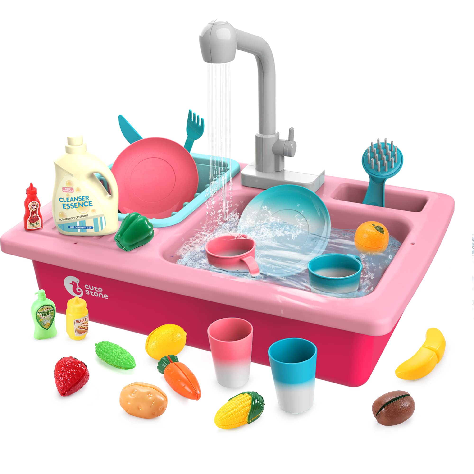 CUTE STONE CS181001 Color Changing Kitchen Sink Toys, Children Heat Sensitive Electric Dishwasher Pretend Play House Toys for Boys Girls