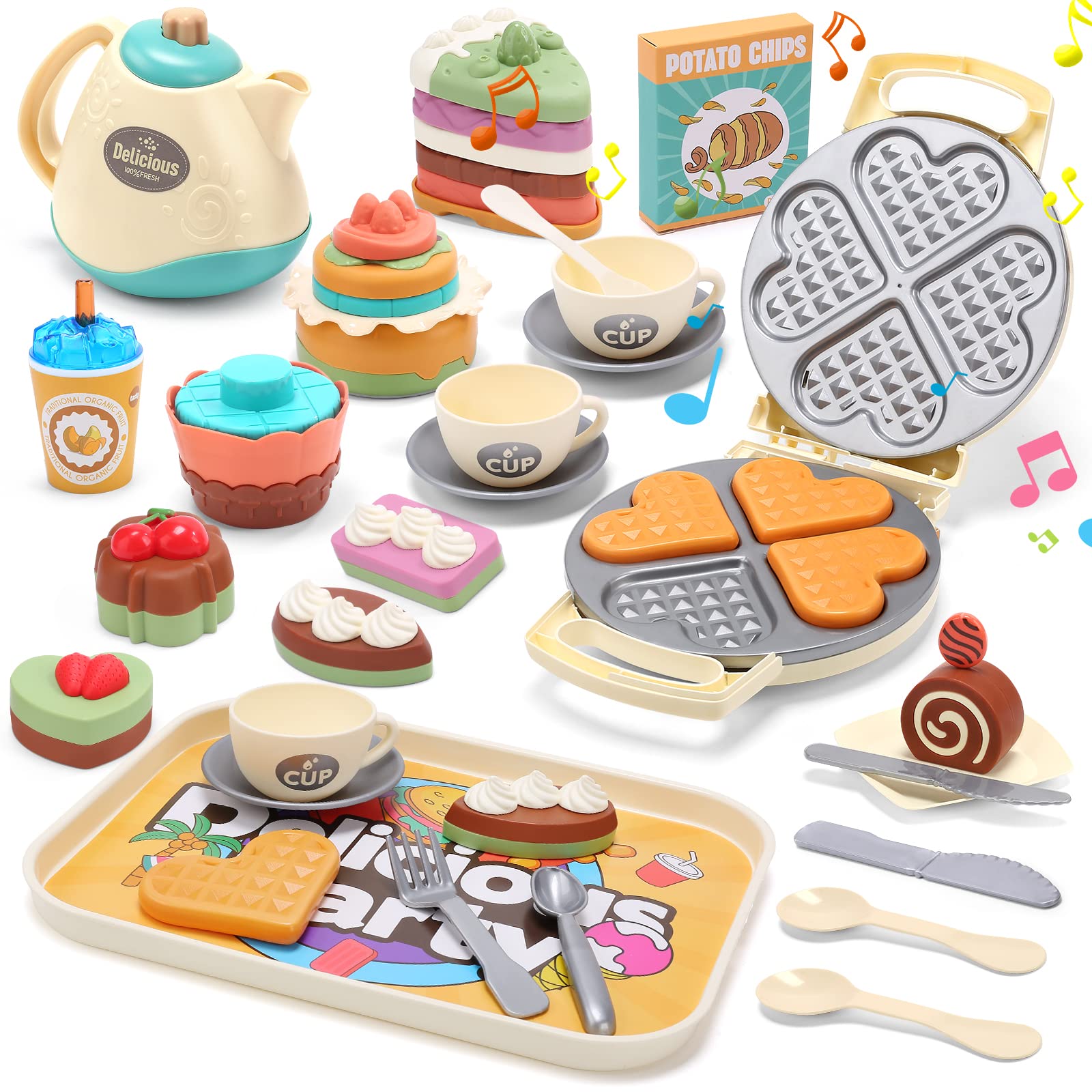 CUTE STONE Toy Tea Set for Kids, 42 PCS Tea Party Set for Girls Toddlers, Toy Waffle Maker with Light & Music, Including Dessert Cake, Teapot, Play Food for Kitchen Set, Gift for Birthday Christmas