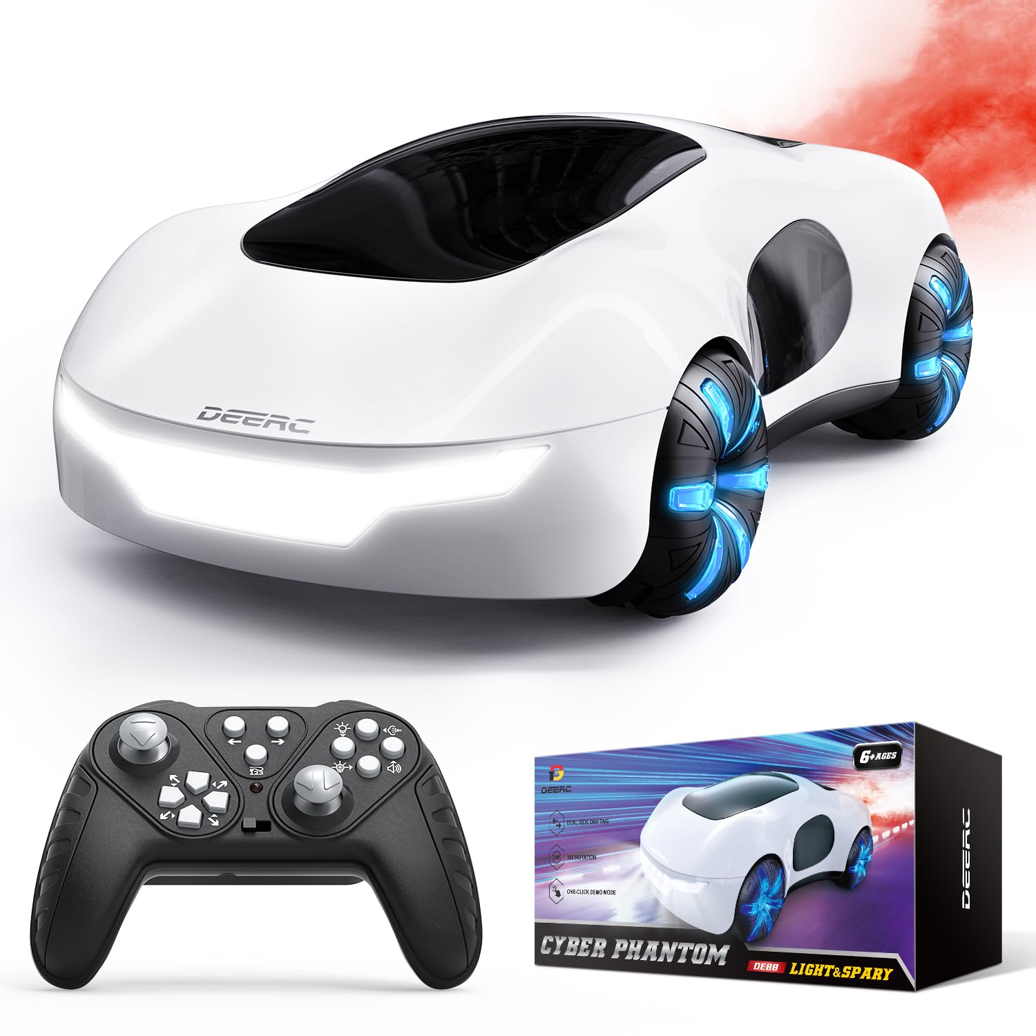 DEERC DE88 Sci-fi Remote Control Car, Toy RC Car W/Dual Fog Streams LED Lights Sound, 360° Spin 4WD 2.4GHz 2 Batteries for 40 Min Play Gift for Kids Boys