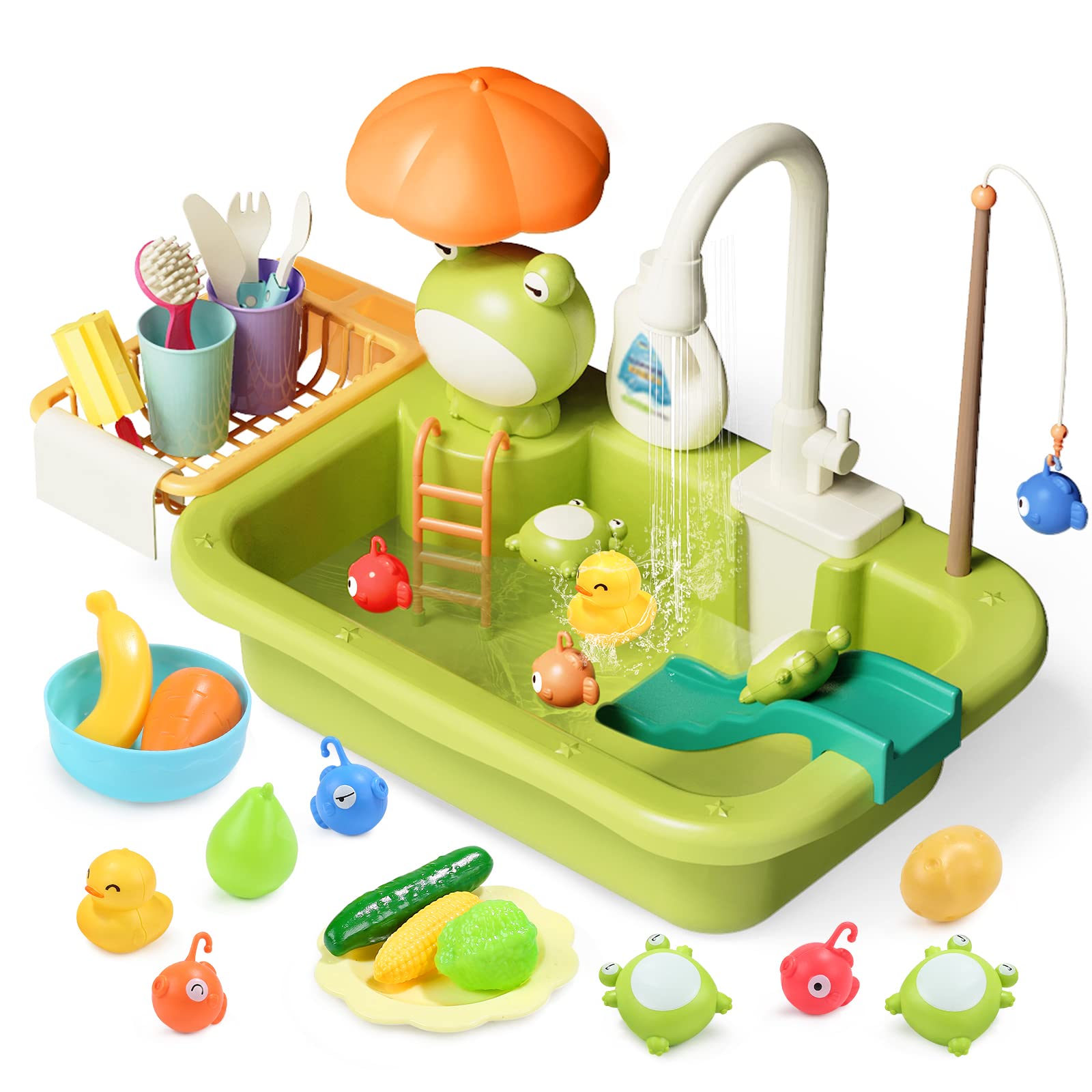 CUTE STONE Play Sink with Running Water, Kitchen Sink Toys with Upgraded Electric Faucet, Play Kitchen Toy Accessories, Pool Floating Fishing Toys for Water Play, Kids Role Play Dishwasher Toy