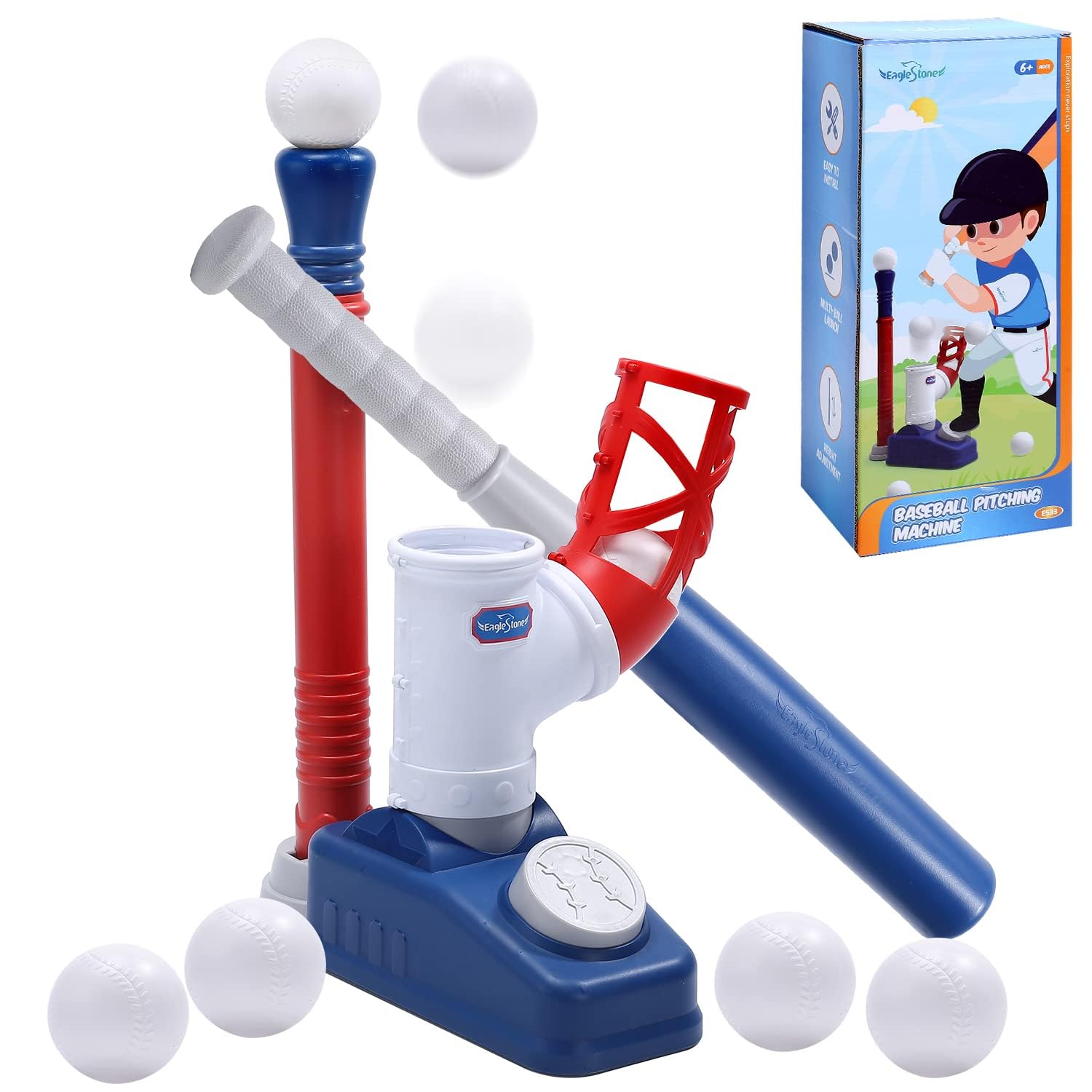 EagleStone ES33 2 in 1 T Ball Set for Kids 3-5, Tee Ball Set for Toddlers with Step on Pitching Machine, Adjustable Batting Tee, Tball Bat and 6 Balls, Outdoor Baseball Christmas Toy Gift for Boys & Girls