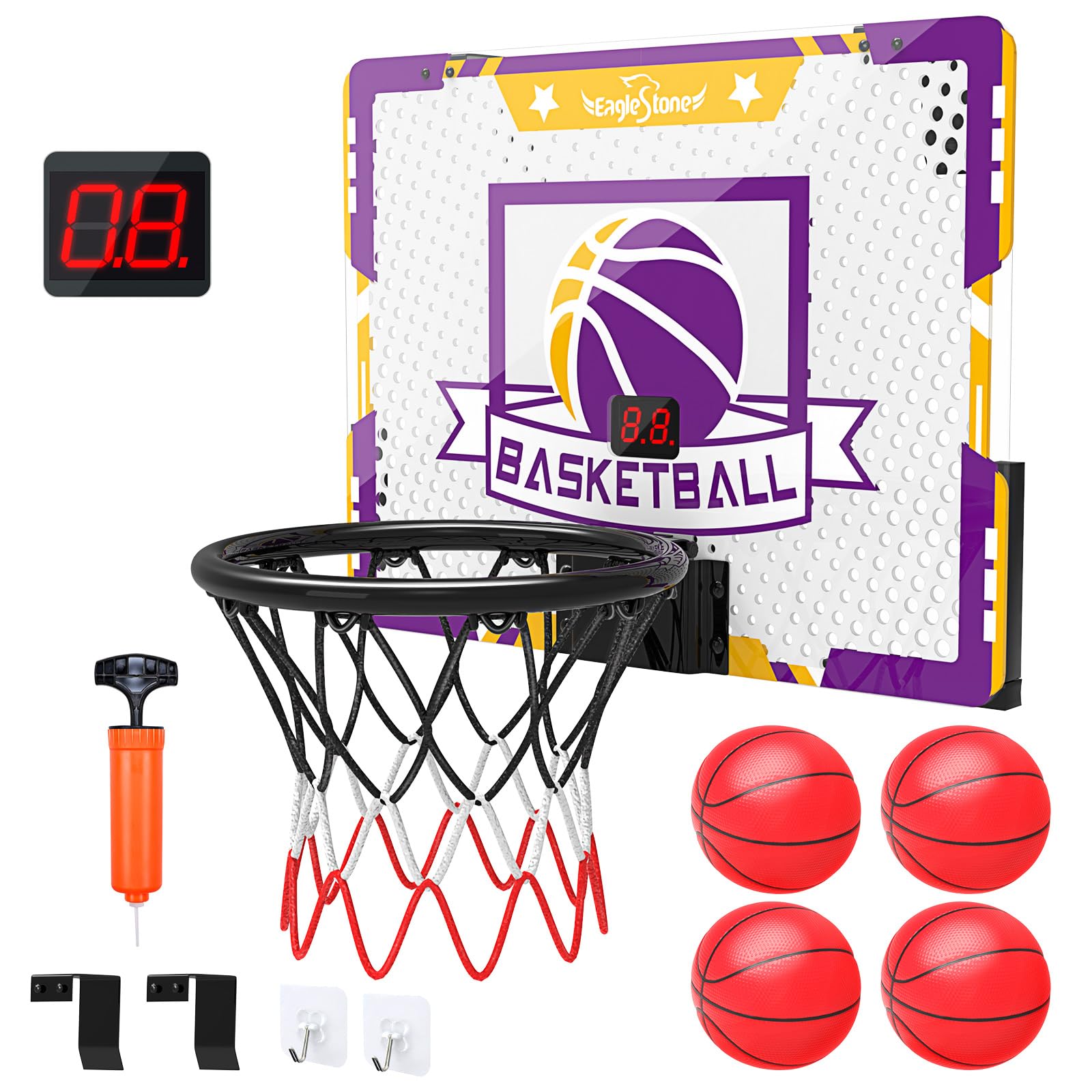 EagleStone ES80 Kids Indoor Basketball Hoop, 4 Balls Mini Basketball Toy for Toddlers, with Electronic Scoreboard Over The Door Room Wall Basketball Hoop Goal Boys Girls Gift for Age 3 4 5 6 7 8 9 10