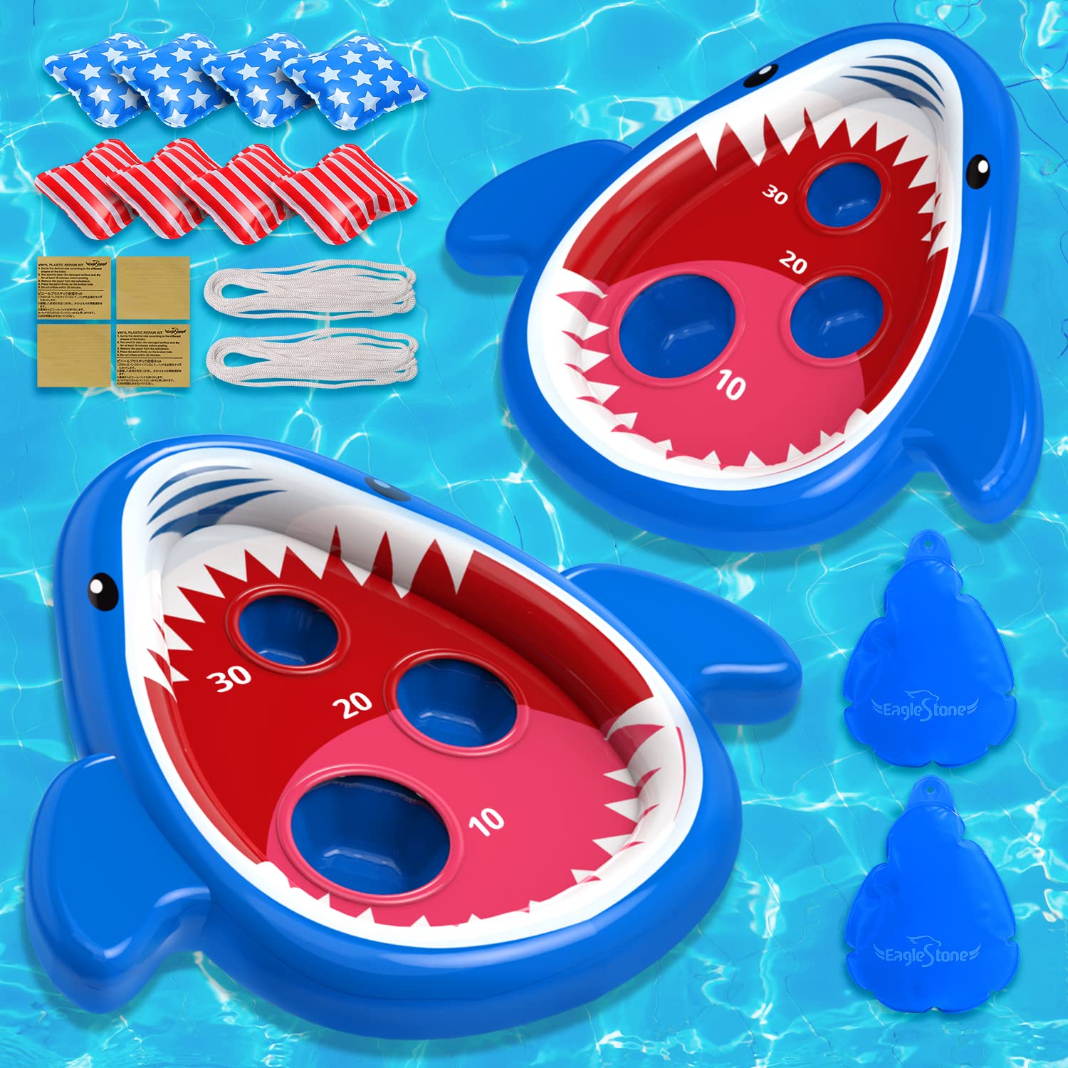 Eaglestone ES45 2 PCS Pool Shark Cornhole Toys for Kids, Inflatable Swimming Pool Toys for Adults Family, 8 Bean Bags Toss Game w/Sandbag Anchor, Floating Outdoor Beach Toys for Pool Game Party, Water Toy