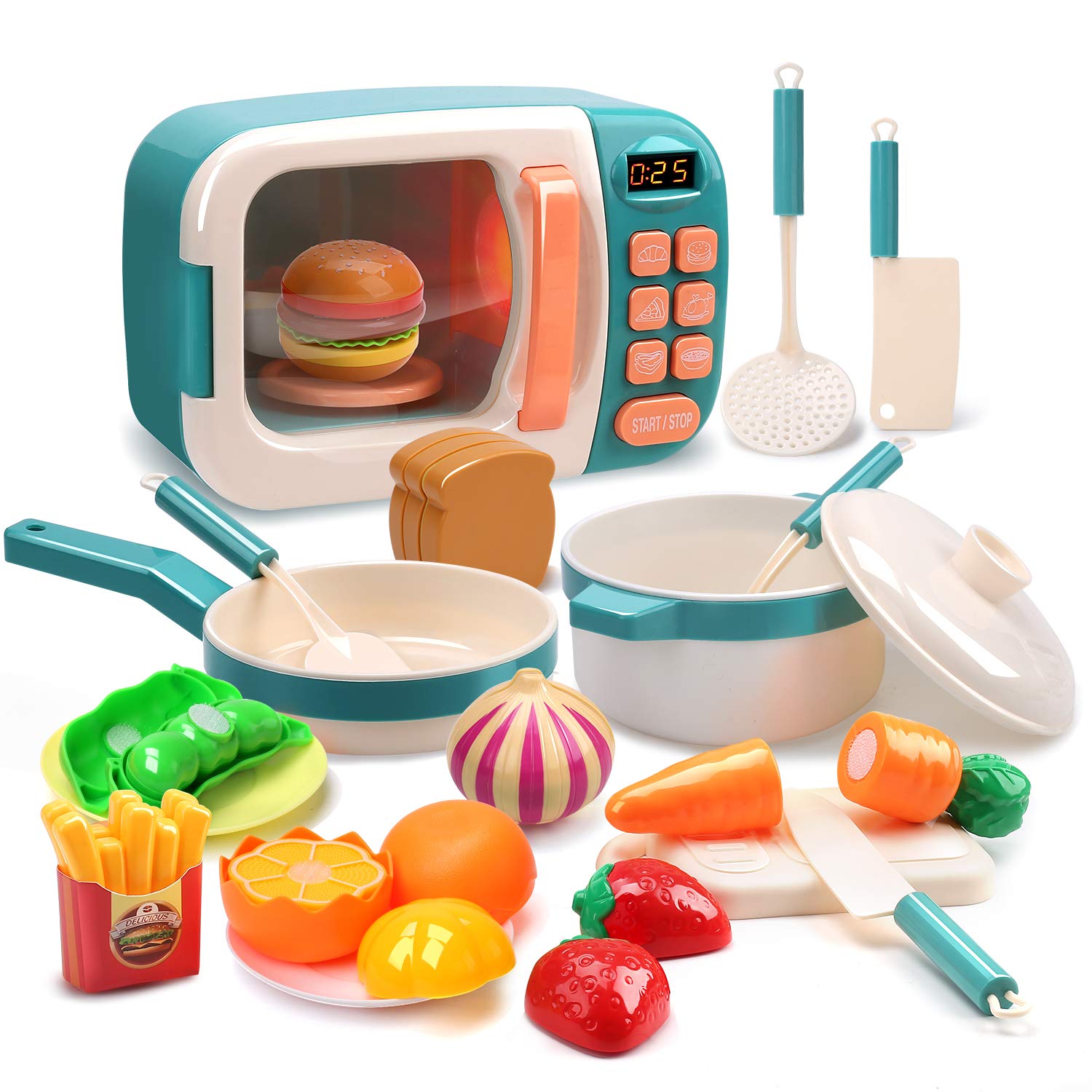 CUTE STONE Microwave Toys Kitchen Play Set, Kids Pretend Play Electronic Oven with Play Food, Kids Cookware Pot and Pan Toy Set, Cooking Utensils,Great Learning Gifts for Girls Boys