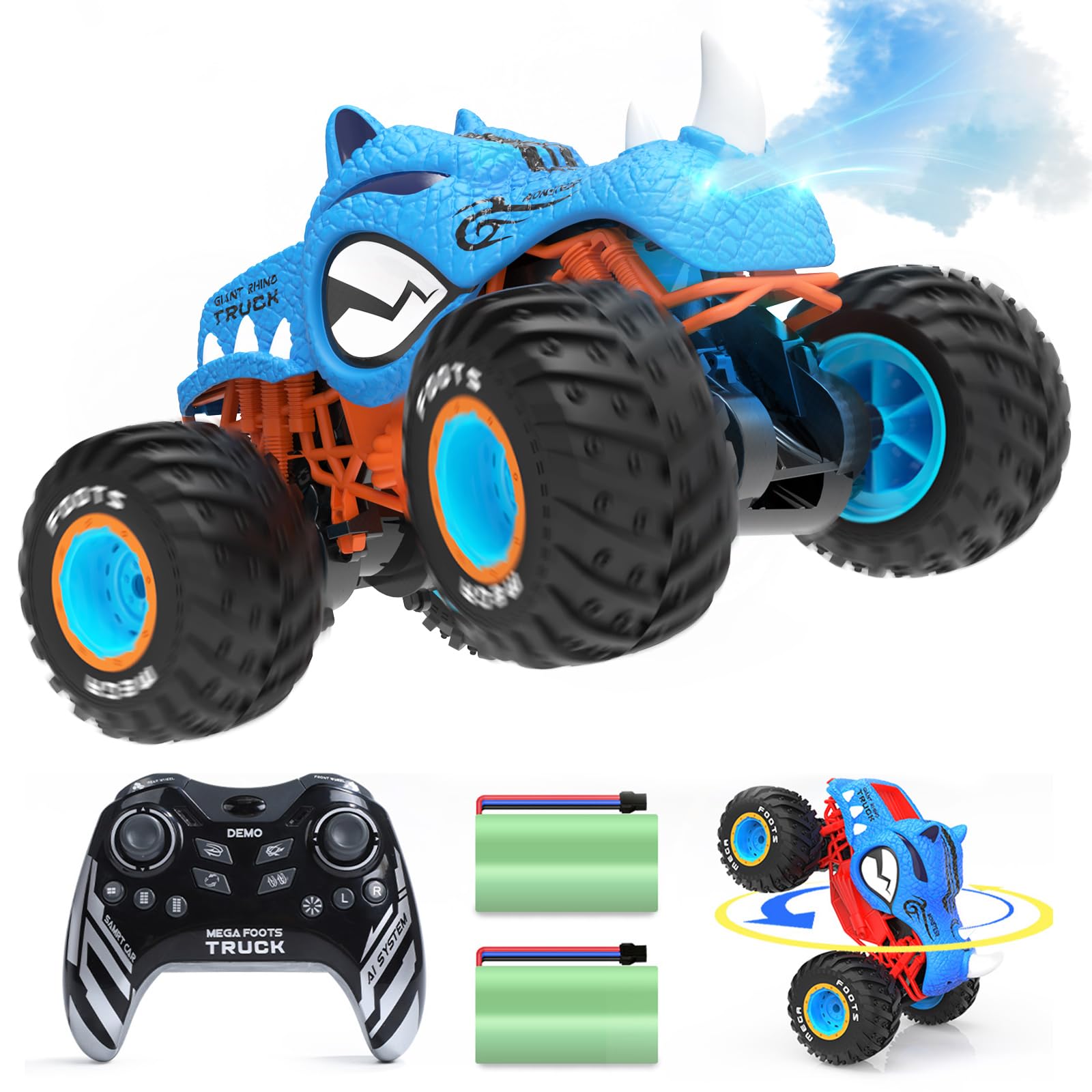 DEERC DE82 High Speed Stunt Remote Control Monster Truck for Boys, Upright 360° Swivel 4WD RC Car with LED Lights, Spray Water Mist, 2 Batteries, 2.4GHz All Terrain 1:16 Blue Rhino RC Trucks Toys for Kids