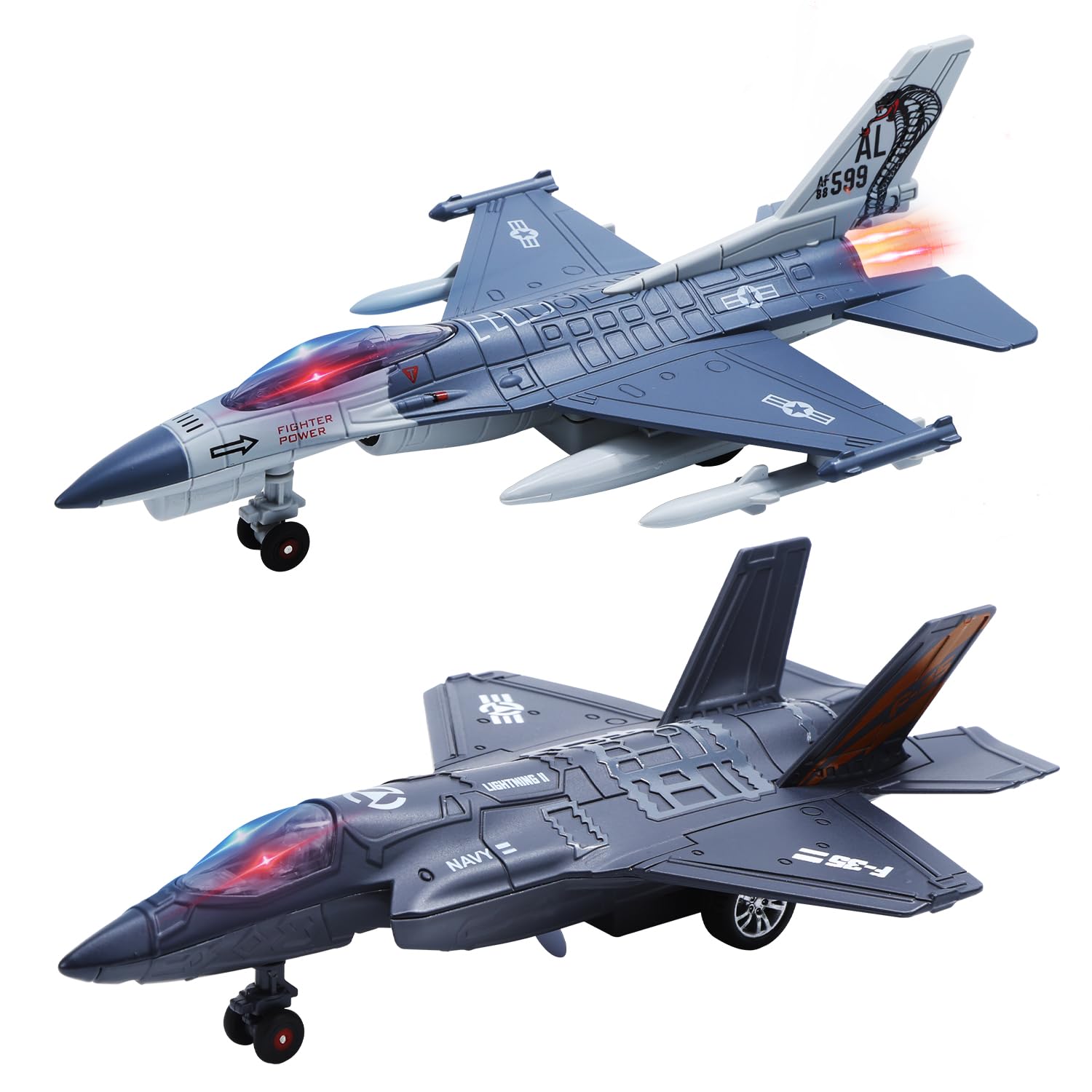 Holy Fun 2 Packs Diecast Airplane Toys with Sound & Light, Pull Back Alloy Fighter Jet Plane Model Toys, for Kids Boys and Girls