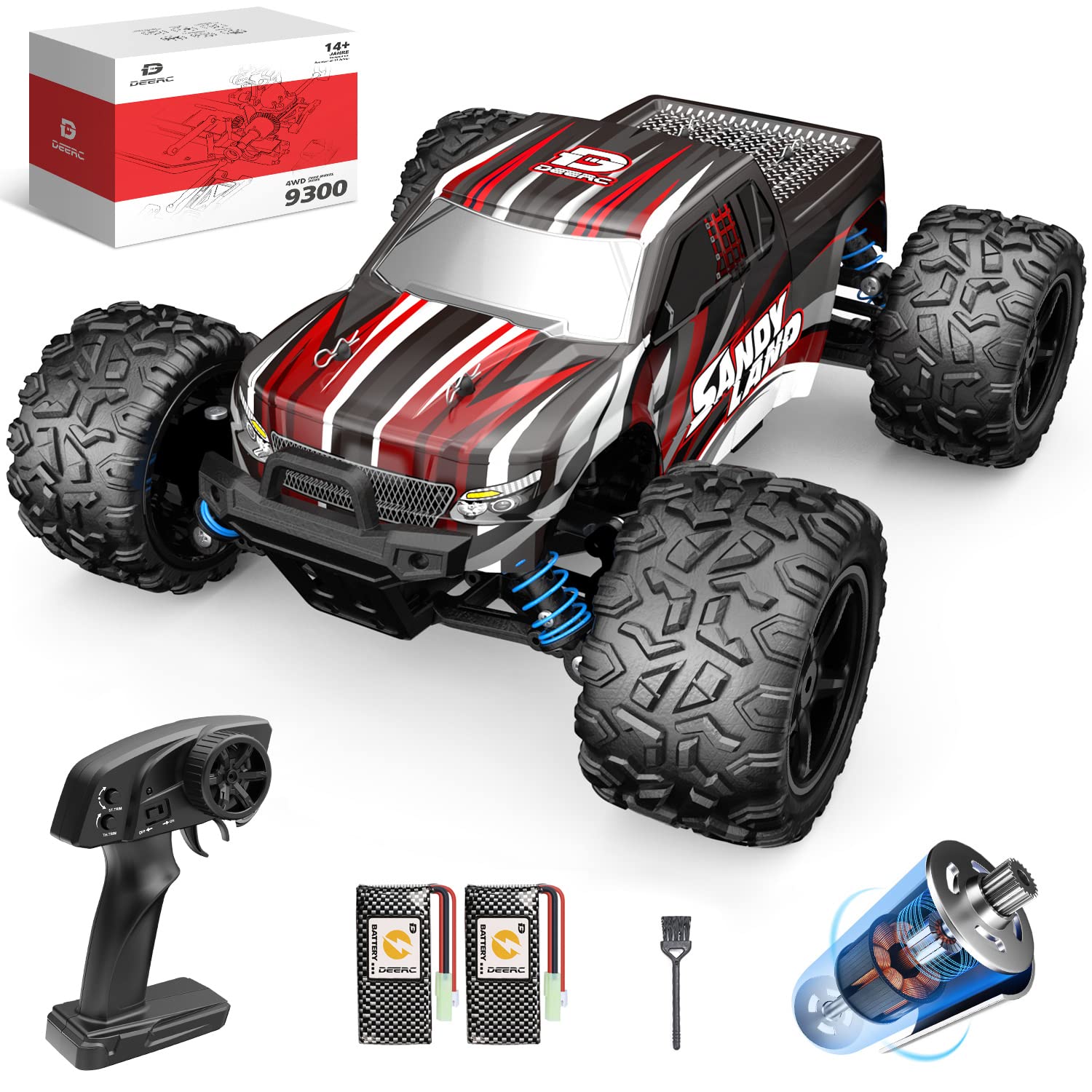 DEERC 9300 Remote Control Car High Speed RC Cars for Kids Adults 1:16 Scale 40 KM/H 4WD Off Road Monster Trucks,2.4GHz All Terrain Toy Trucks with 2 Rechargeable Battery