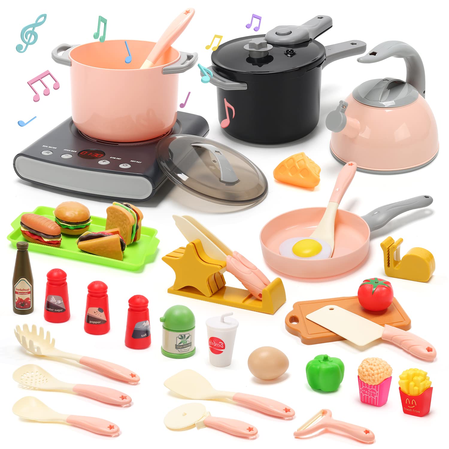 CUTE STONE Pretend Play Kitchen Toy with Cookware Steam Pressure Pot and Electronic Induction Cooktop, Cooking Utensils, Toy Cutlery, Cut Play Food, Shopping Basket Learning Gift for Girls Boys