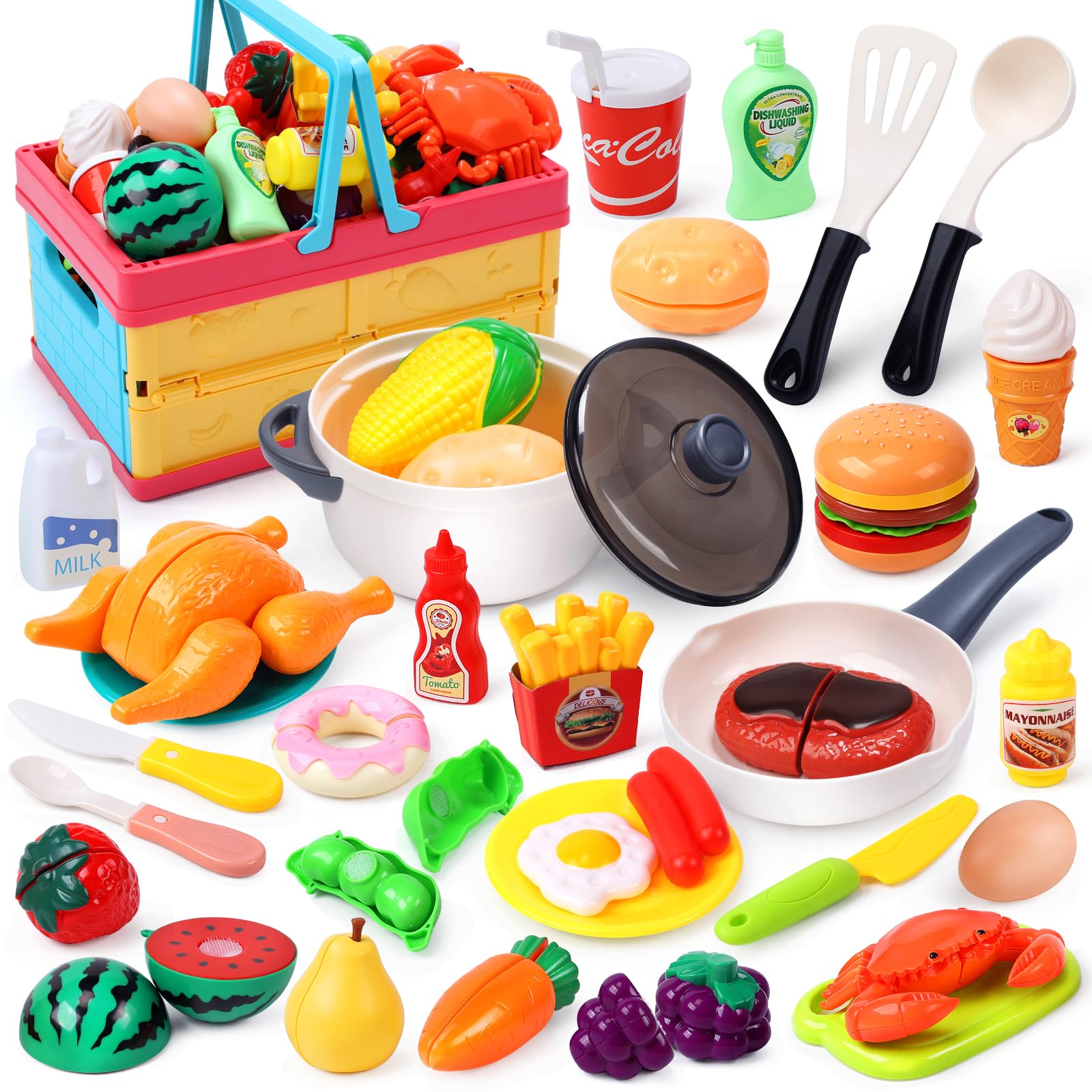 HOLYFUN Play Food Toy Set for Kids Kitchen, Shopping Basket with Cutting Fruit & Vegetables Accessories, Pot and Pan, Plastic Dishes, Toddler Play Kitchen Accessories Educational Toys for Boys Girls