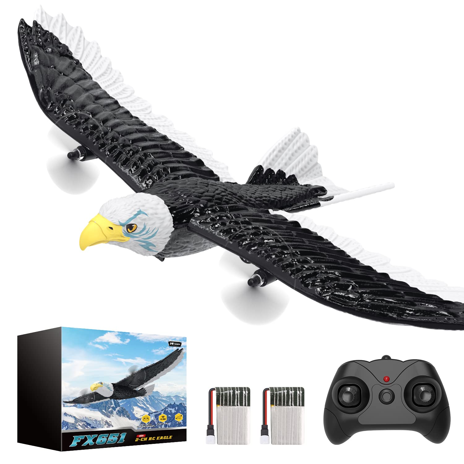 DEERC FX651 RC Plane, Remote Control Eagle Plane, RTF Airplane, 2.4GHZ 2CH Flying Bird with 2 Batteries & Propeller 6-axis Gyro Stabilizer, Easy to Fly for Beginners Adults Kids Boys