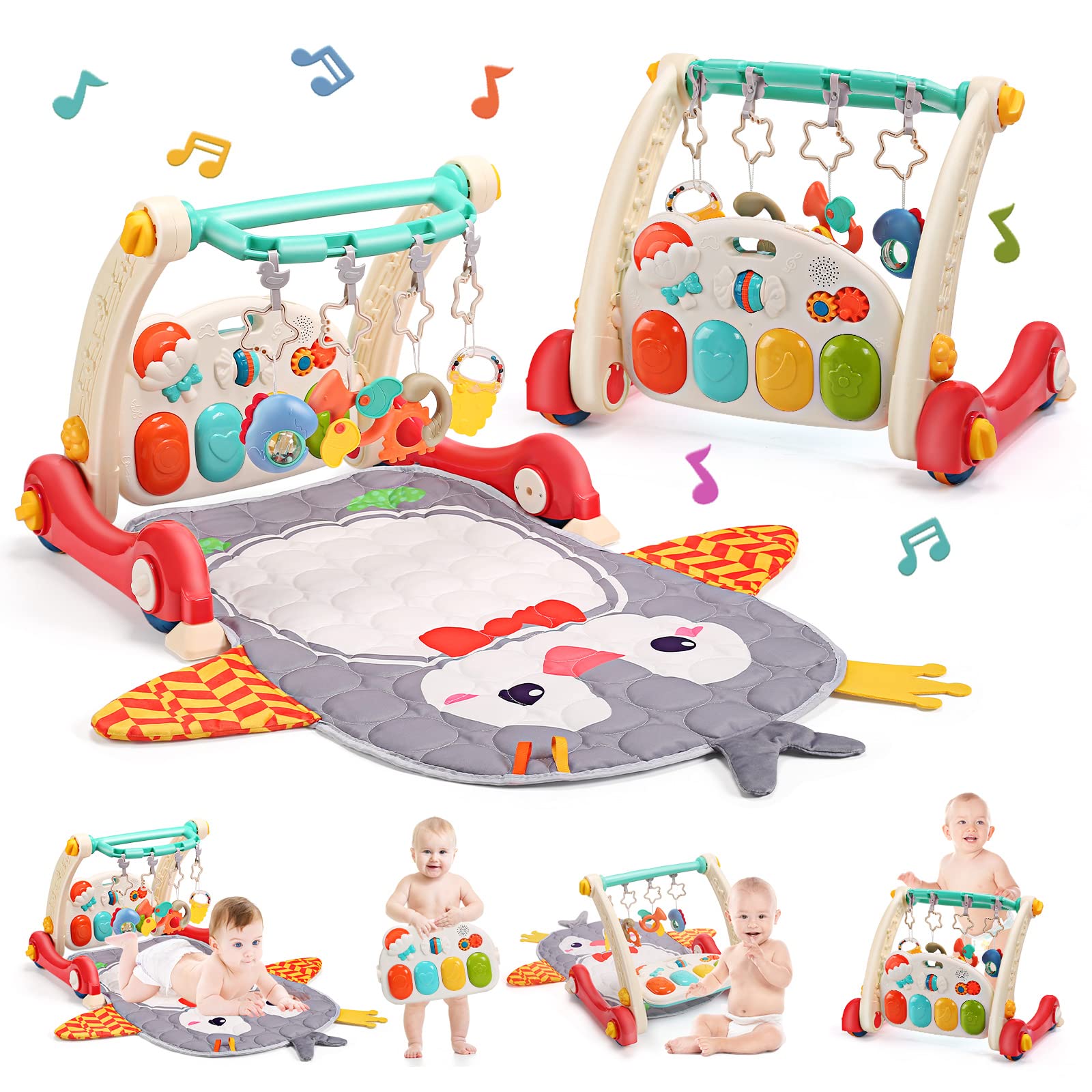 CUTE STONE Baby Gym Play Mat & Baby Learning Walker, Baby Activity Mat with Play Piano, Musical Activity Center with Lights, Baby Push Walkers & Tummy Time Mat for Infant Newborn Toddlers