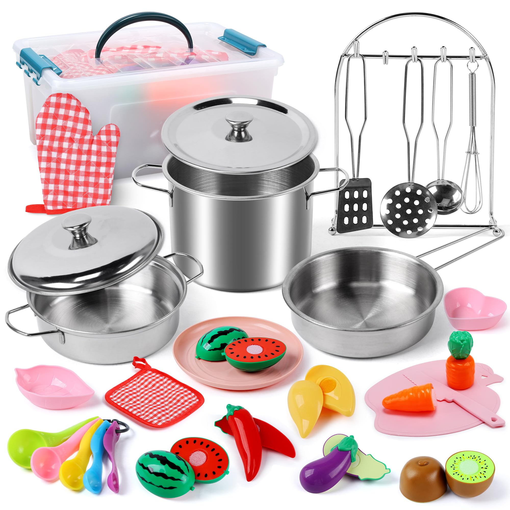 CUTE STONE Pretend Play Kitchen Accessories Toy Kids Kitchen Playset with Stainless Steel Play Pots and Pans