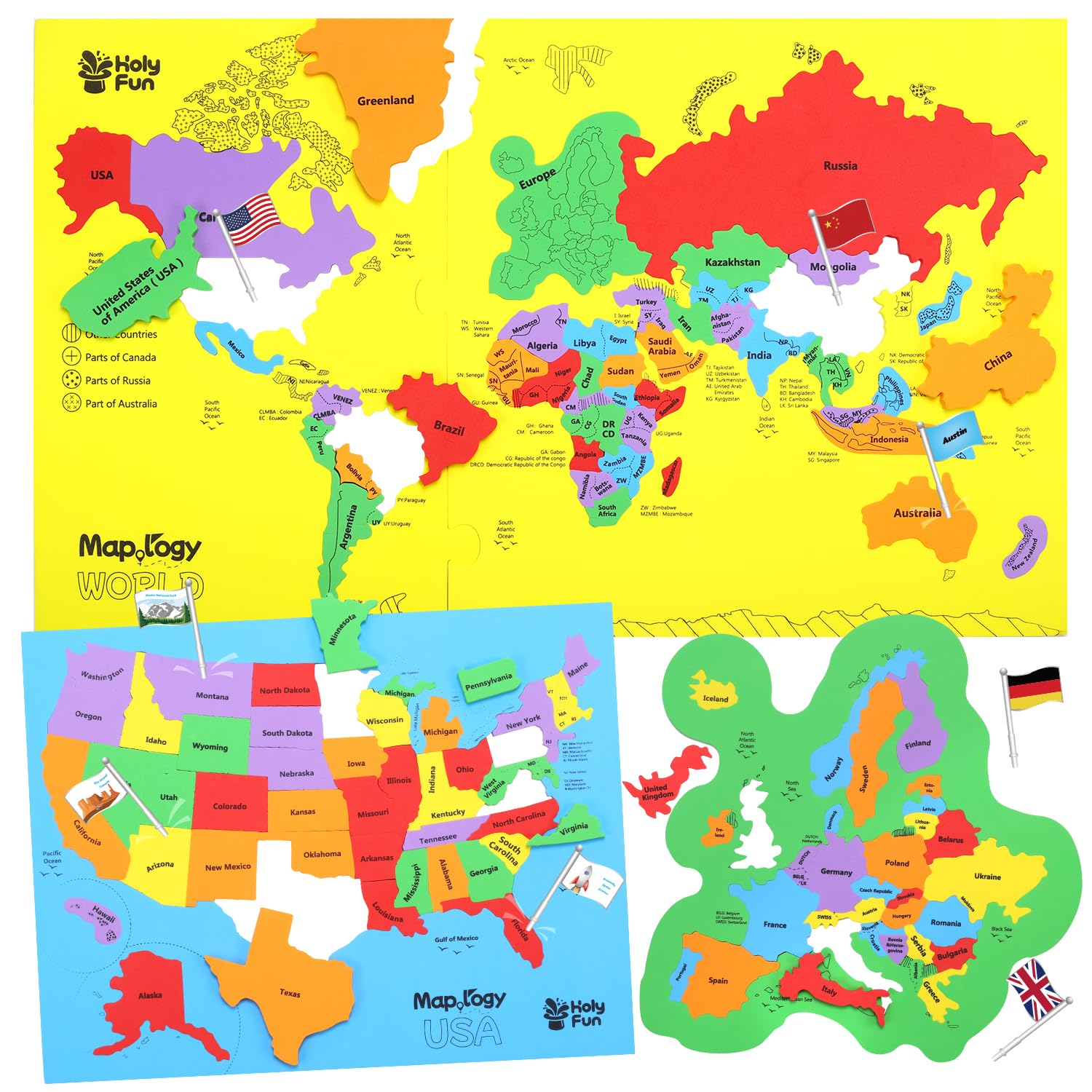 HOLYFUN United States & Europe & World Map Puzzle for Kids Age 8-12 with Flags and Capitals, Mapology Geography Educational LearningToy, for Boys and Girls