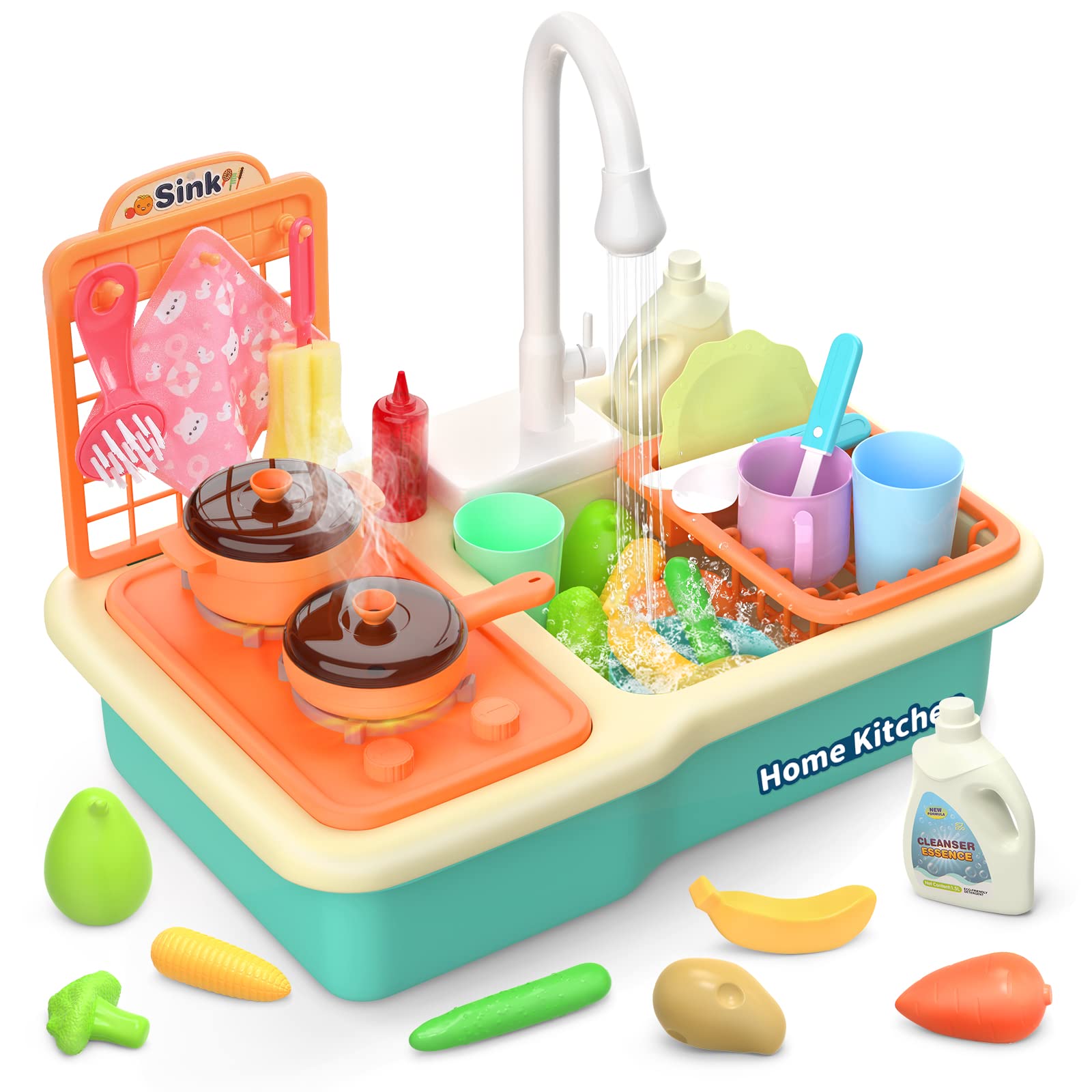 CUTE STONE Pretend Play Kitchen Sink Toys with Play Cooking Stove, Pot and Pan with Spray Realistic Light and Sound, Dish Rack & Play Cutting Food, Utensils Tableware Accessories for Kids Toddlers