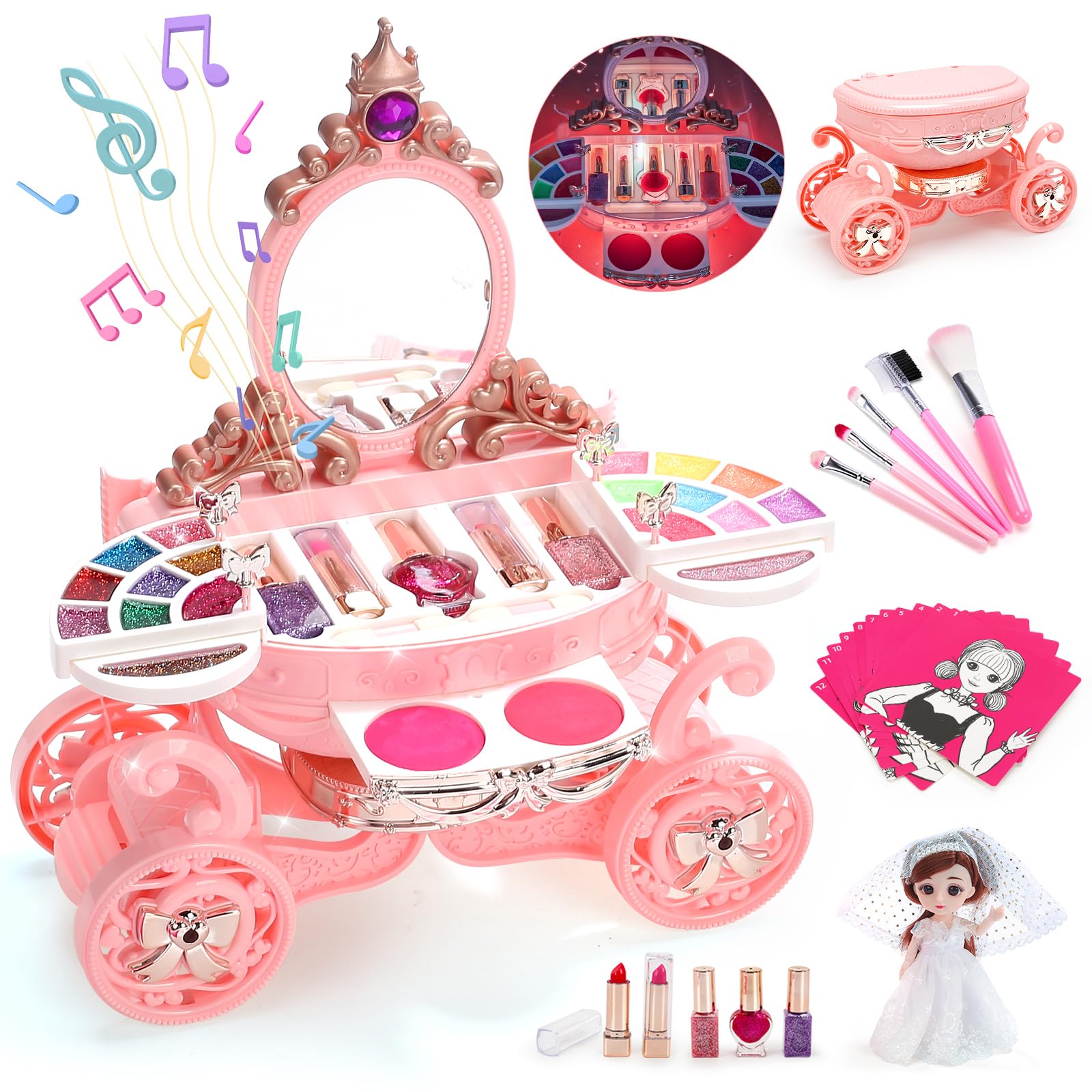 EveStone Kids Makeup Kit for Girl, 3 in 1 Play Makeup Set with Washable & Non-Toxic Cosmetic Vanity, Real Make Up Girls Toys