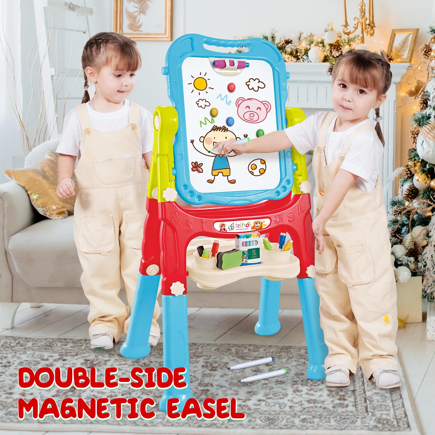 Toddler Art Easel Toys, Magnetic Chalk Board and White Board Easel for Kids with Painting Accessories, Rotatable Double Sided Easel, Birthday Gift for Boys and Girls