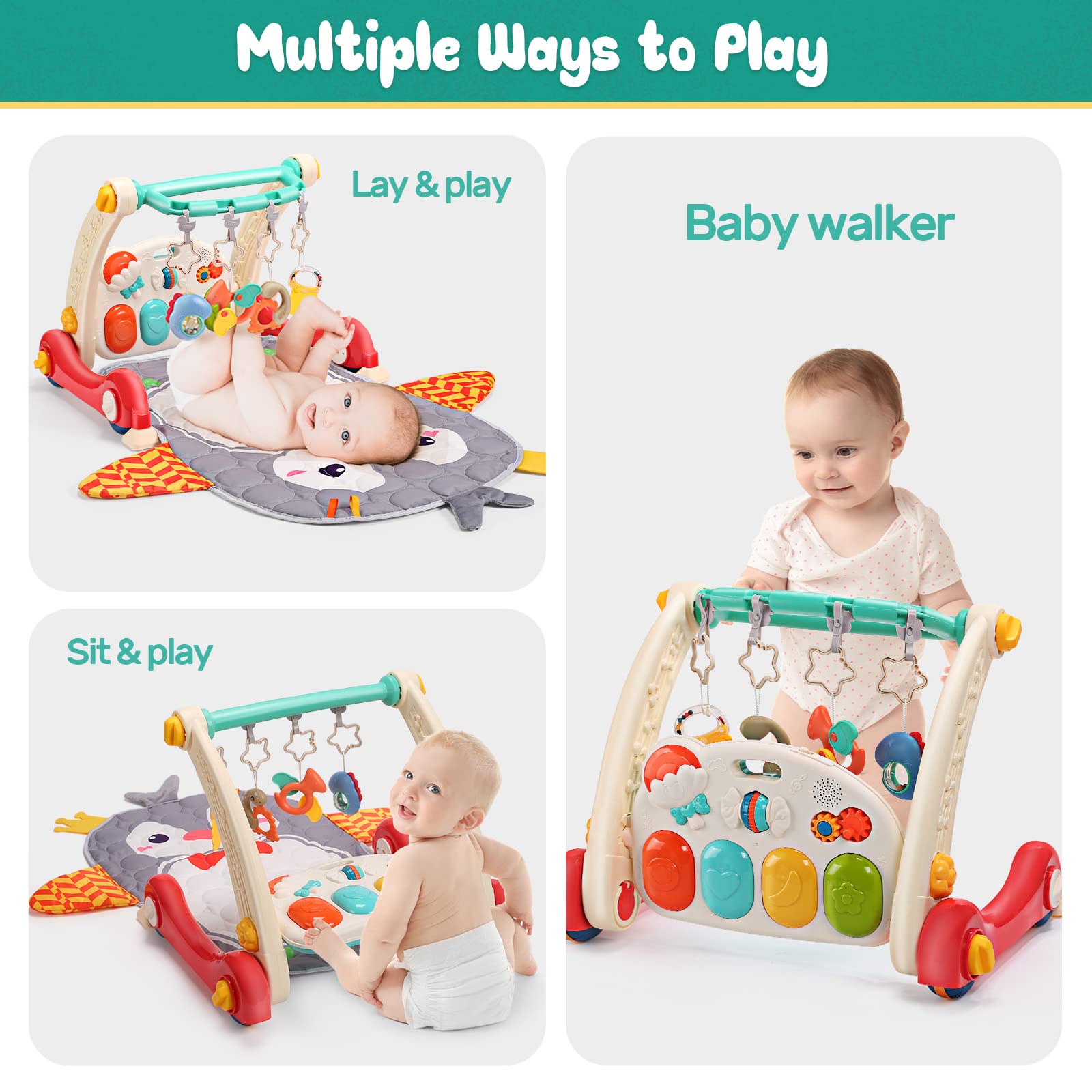 CUTE STONE Baby Gym Play Mat & Baby Learning Walker, Baby Activity Mat with Play Piano, Musical Activity Center with Lights, Baby Push Walkers & Tummy Time Mat for Infant Newborn Toddlers