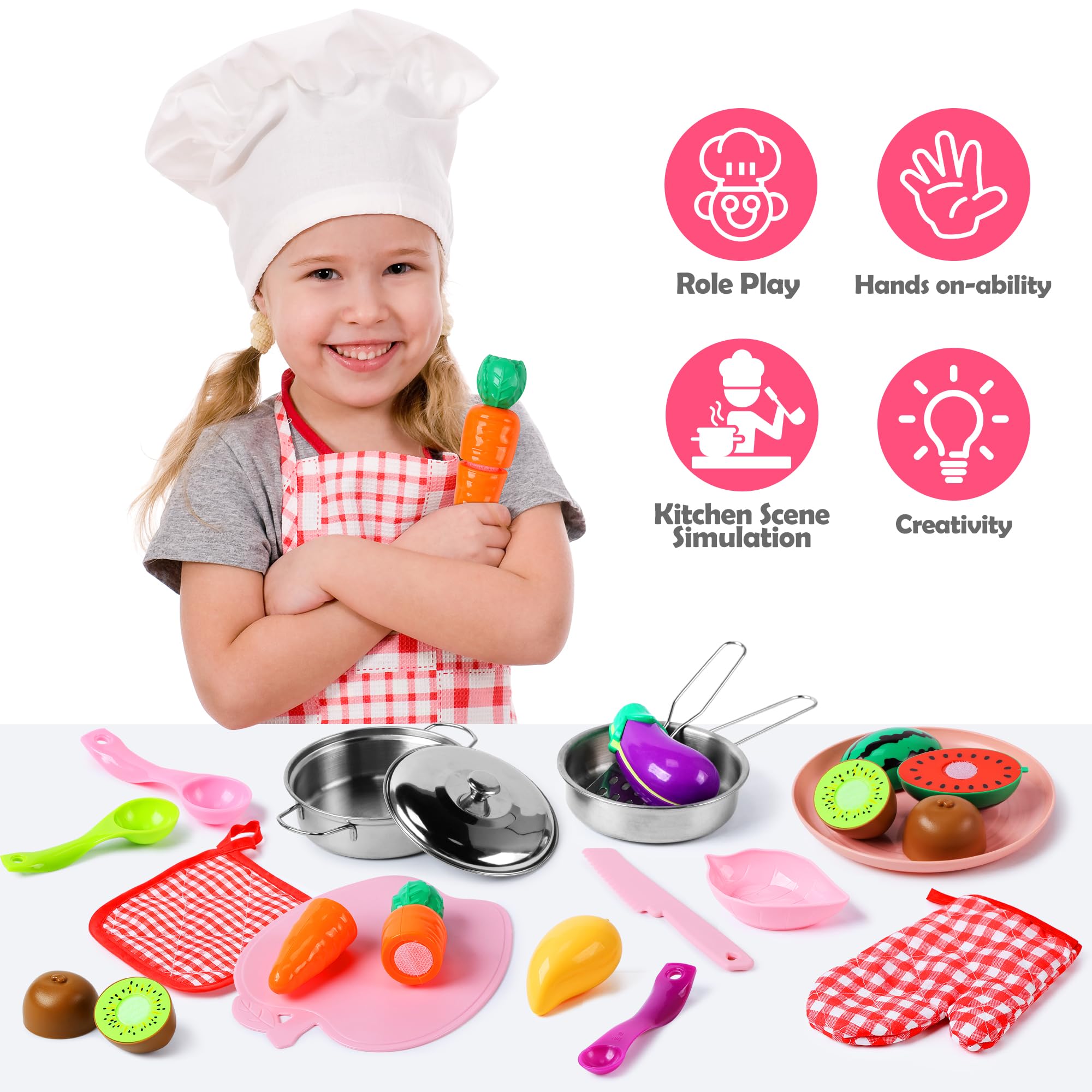 CUTE STONE Pretend Play Kitchen Accessories Toy Kids Kitchen Playset with Stainless Steel Play Pots and Pans