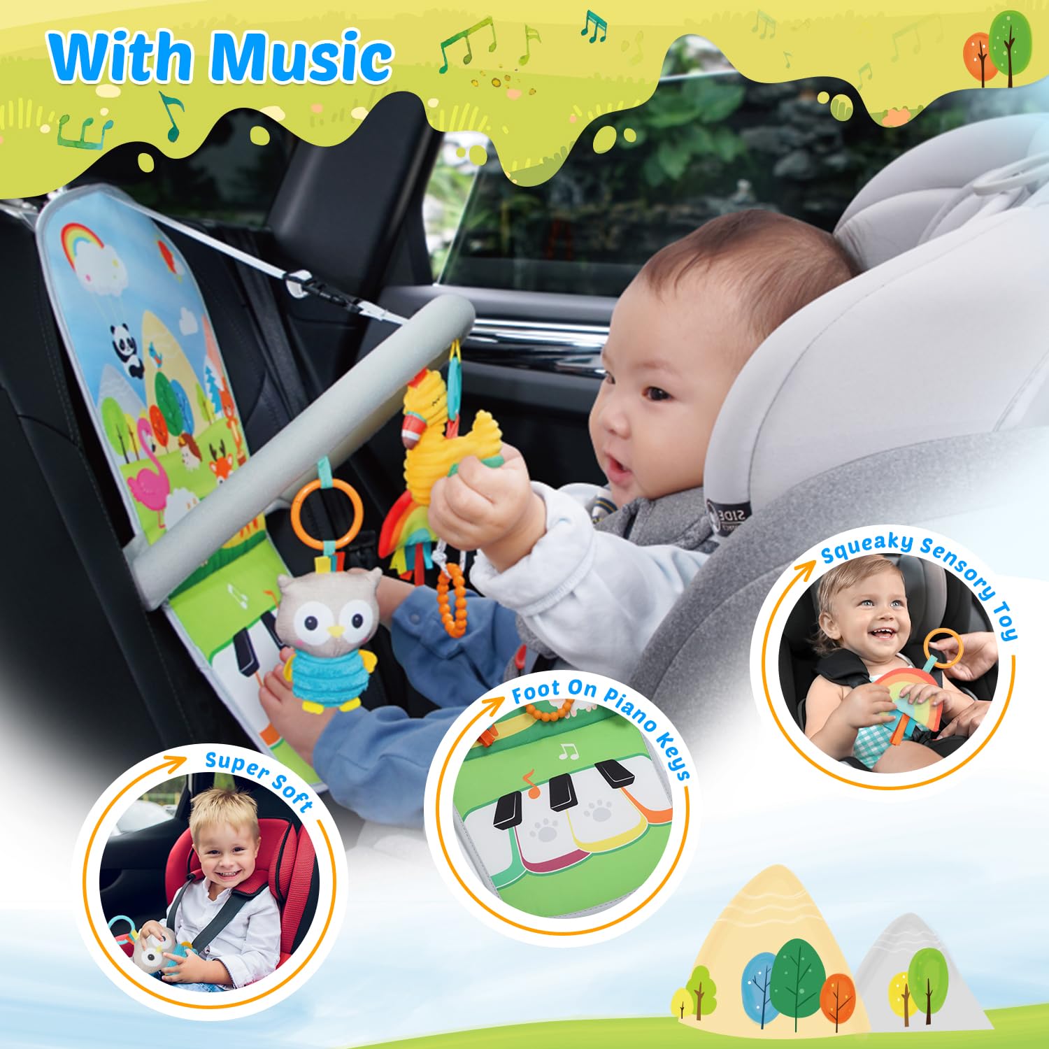 HOLYFUN Car Seat Toys for Babies, Sensory Stroller Chritsmas Toy for Toddlers, Adjustable Carseat Toys with Music, Baby Travel Toys with Teether and Hanging Squeaky Infant Toys