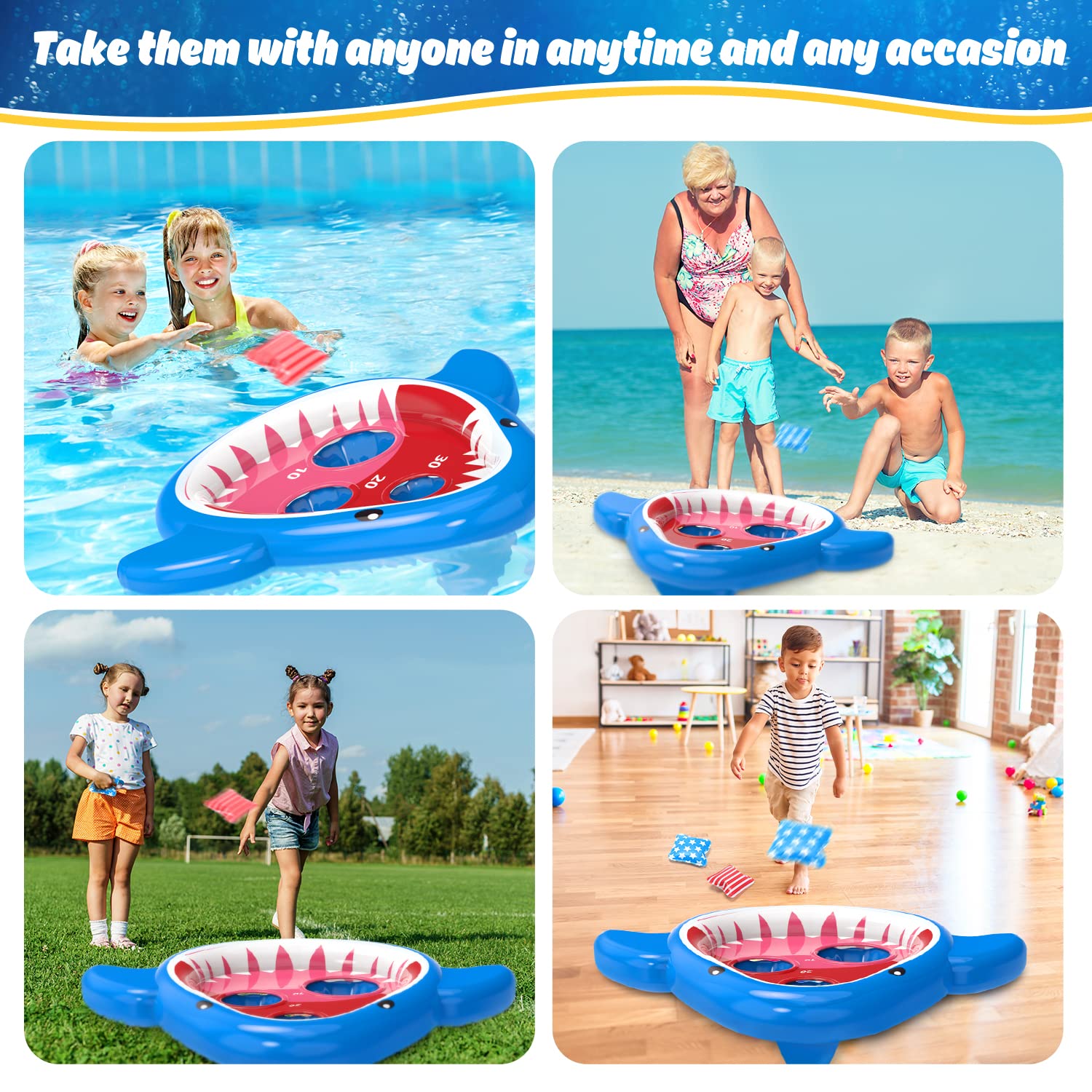 Eaglestone ES45 2 PCS Pool Shark Cornhole Toys for Kids, Inflatable Swimming Pool Toys for Adults Family, 8 Bean Bags Toss Game w/Sandbag Anchor, Floating Outdoor Beach Toys for Pool Game Party, Water Toy