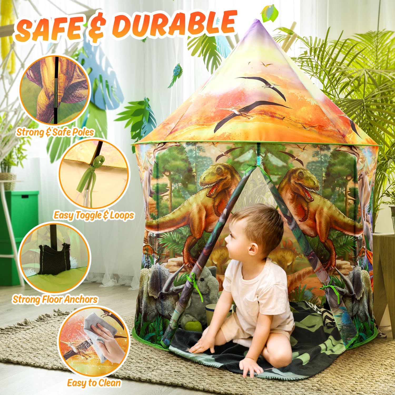 Large Dinosaur Play Tent, Indoor and Outdoor Pop Up Tent Dino Playhouse for Kids, Boys and Girls