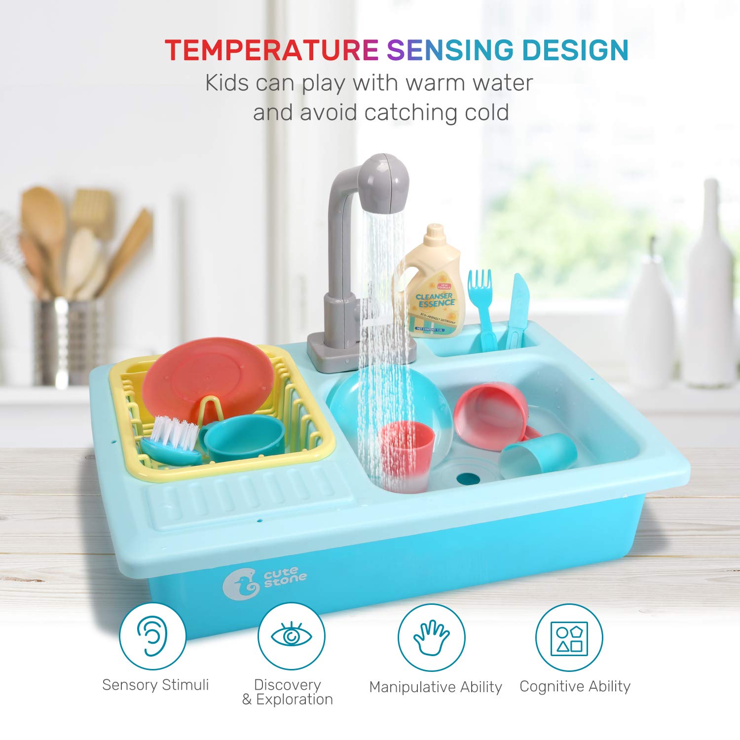 CUTE STONE CS181001 Color Changing Kitchen Sink Toys, Children Heat Sensitive Electric Dishwasher Pretend Play House Toys for Boys Girls