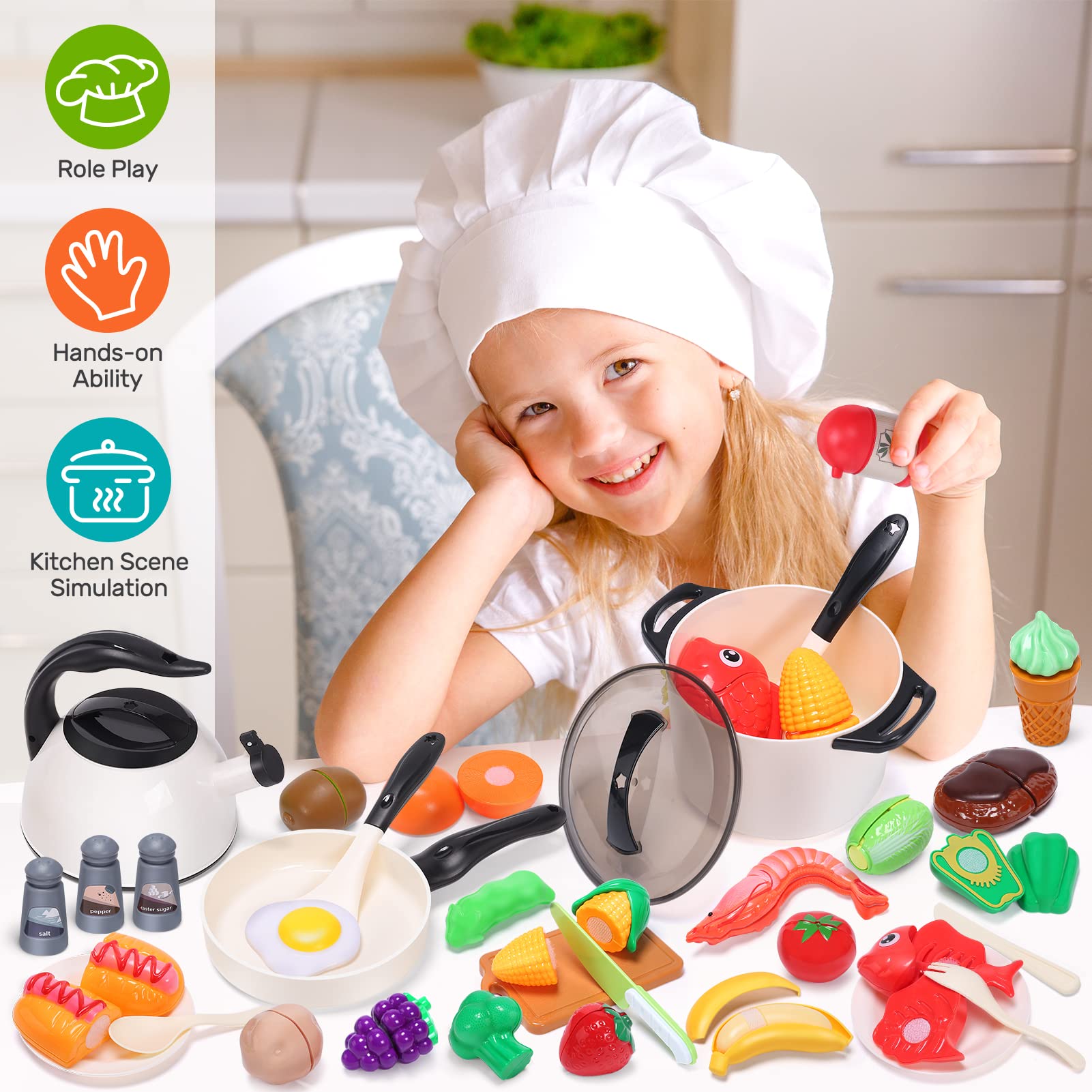 CUTE STONE RPCS204004 Play Kitchen Accessories Toy, Play Food Sets for Kids Kitchen, Toddler Kitchen Set for Kids with Play Pots, Pans, Kids Kitchen Playset, Play Kitchen Toys for Girls Boys