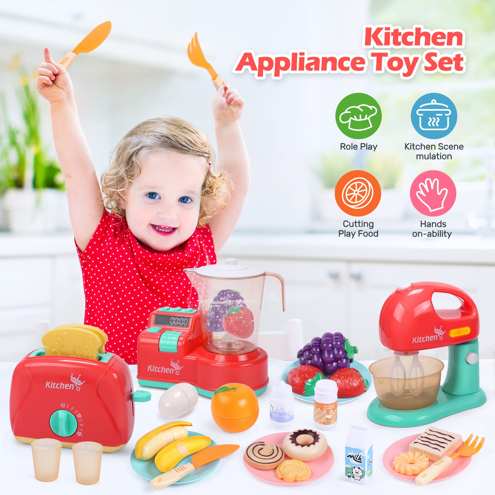 CUTE STONE Toy Kitchen Appliances Playset, Kids Kitchen Toy Mixer and Blender with Sound & Lights, Play Toaster, Cutting Play Food, Toddler Play Kitchen Accessories Set for Boys Girls