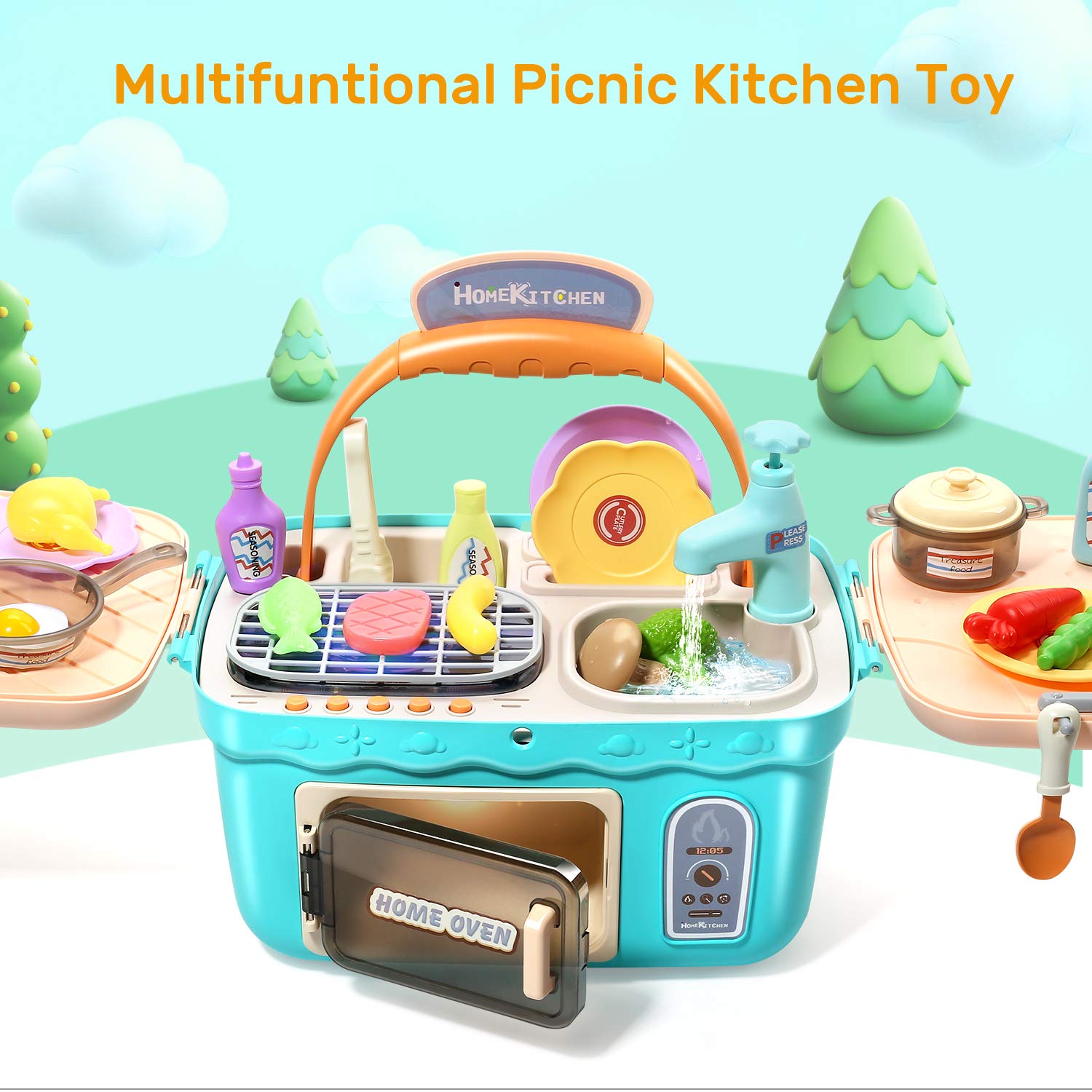 CUTE STONE Kids Picnic & Kitchen Playset,Portable Pinic Basket with Musics & Lights, Color Changing Play Foods, Sink,Pretend Play Oven and Other Accessories Toys for Boys and Girls