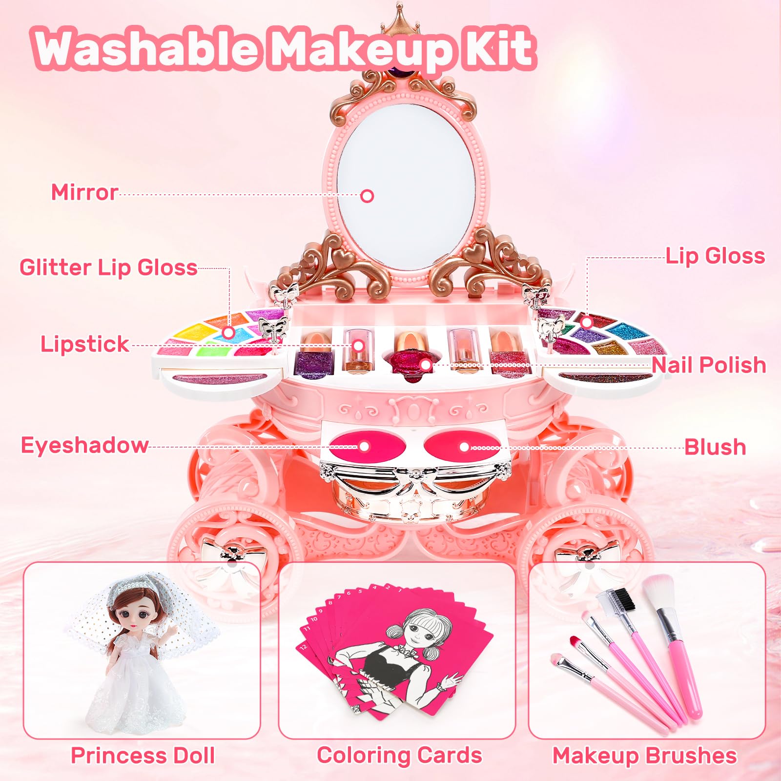 EveStone Kids Makeup Kit for Girl, 3 in 1 Play Makeup Set with Washable & Non-Toxic Cosmetic Vanity, Real Make Up Girls Toys