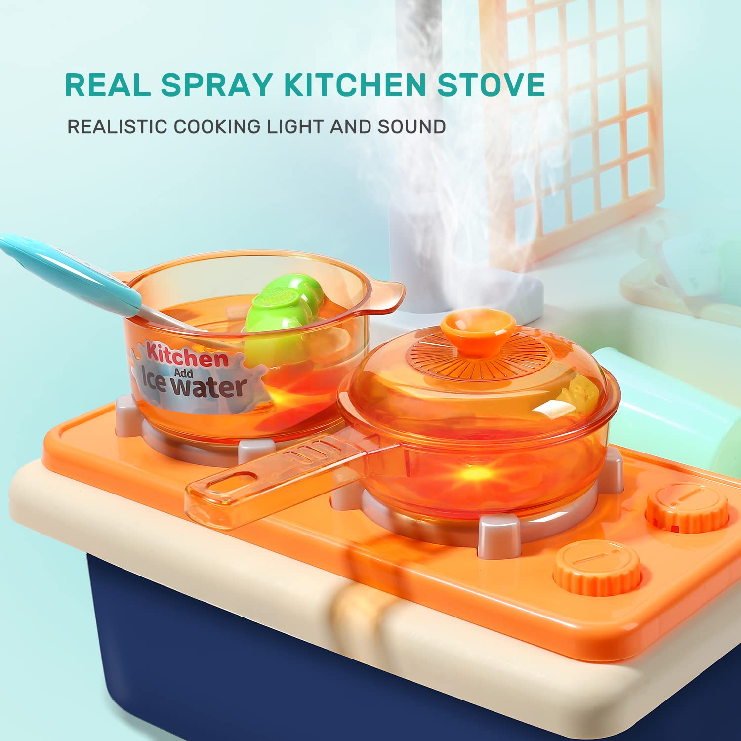 CUTE STONE Pretend Play Kitchen Sink Toys with Play Cooking Stove, Pot and Pan with Spray Realistic Light and Sound, Dish Rack & Play Cutting Food, Utensils Tableware Accessories for Kids Toddlers