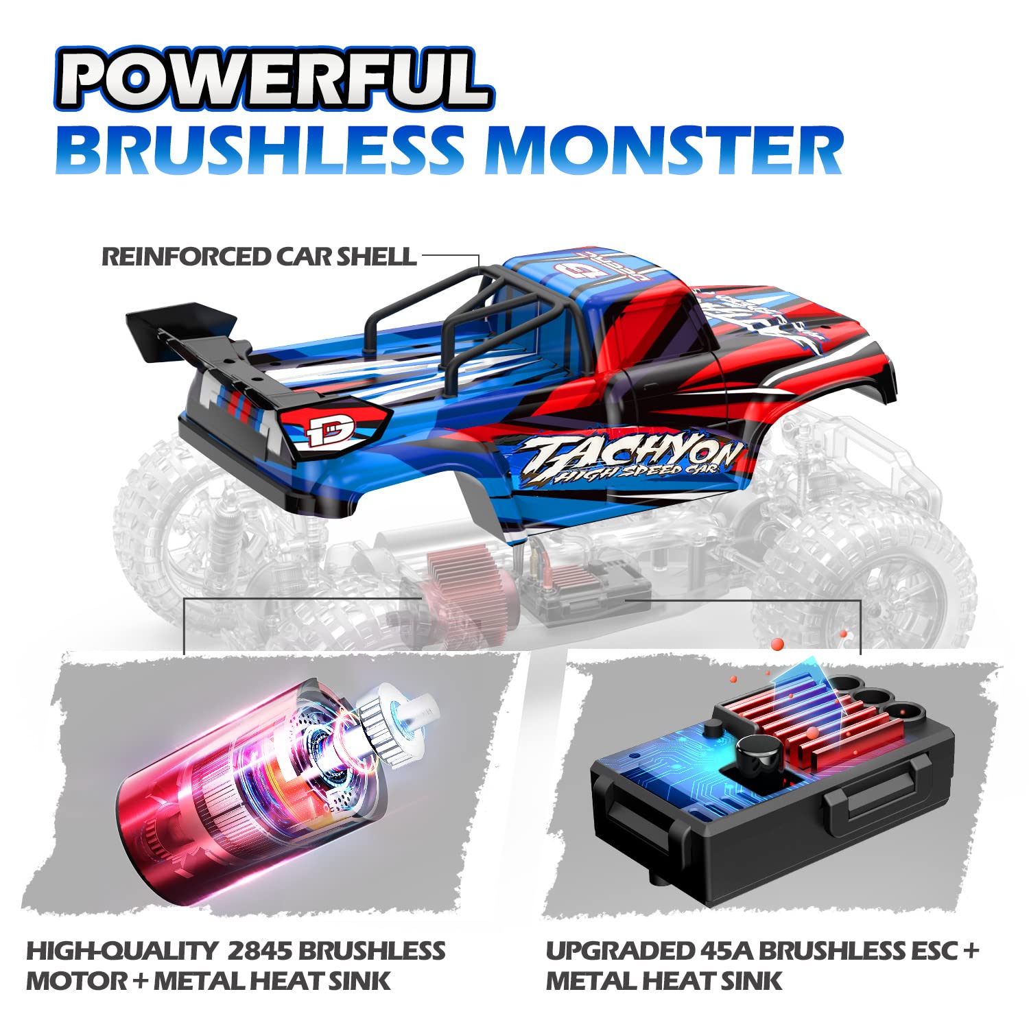 DEERC 210E 1:10 Large Brushless RC Car for Adults, 3S 4X4 RTR High Speed Monster Truck, 60+ KMH, All Terrain 2.4Ghz Hobby Electric RC Truck, Off-Road Remote Control Vehicle, 40+min, RC Crawler for Boys