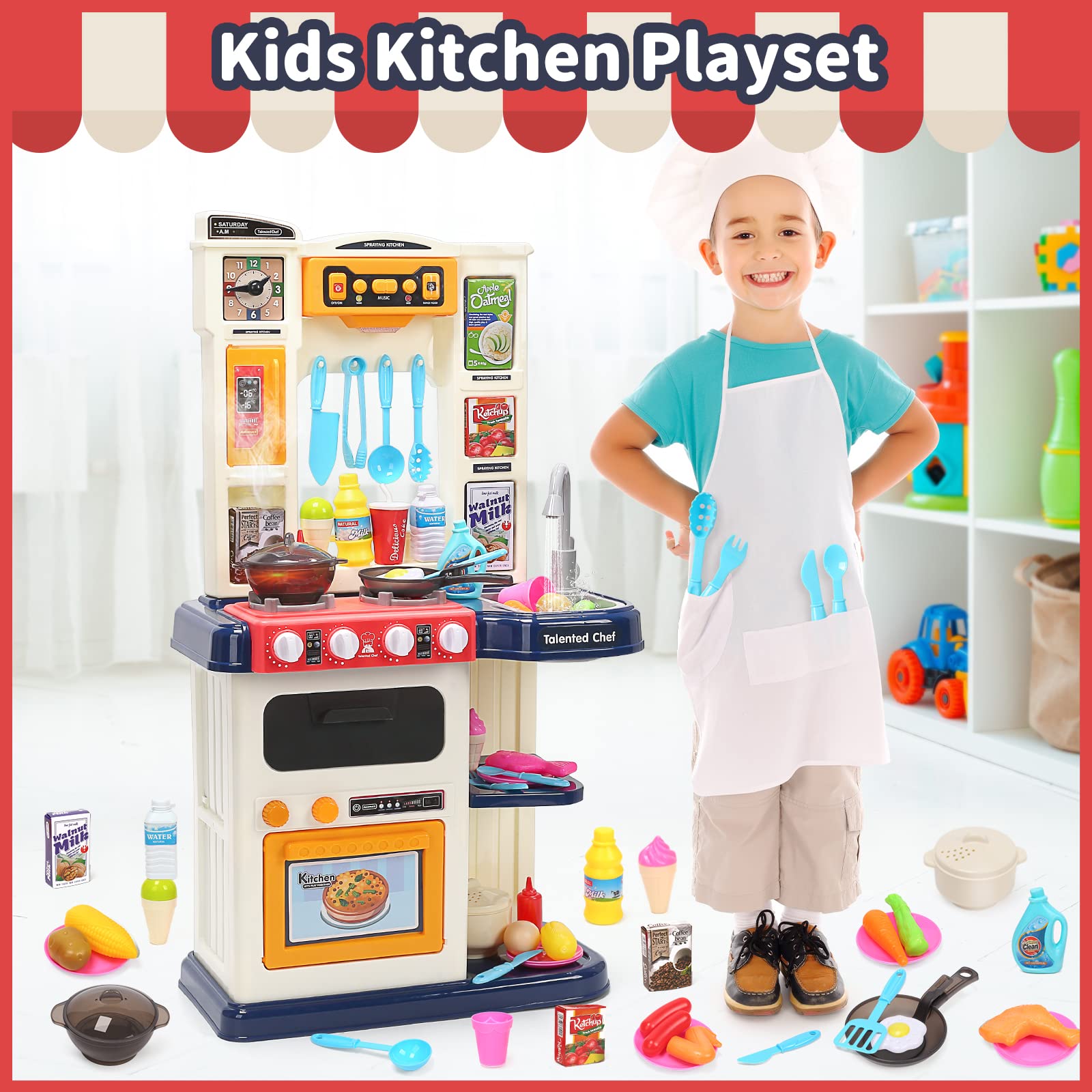 CUTE STONE Kids Kitchen Playset with Real Sounds & Lights, Pretend Play Food Toys, Play Sink, Cooking Stove with Steam, Toddler Gift for Boys and Grlis (Blue)